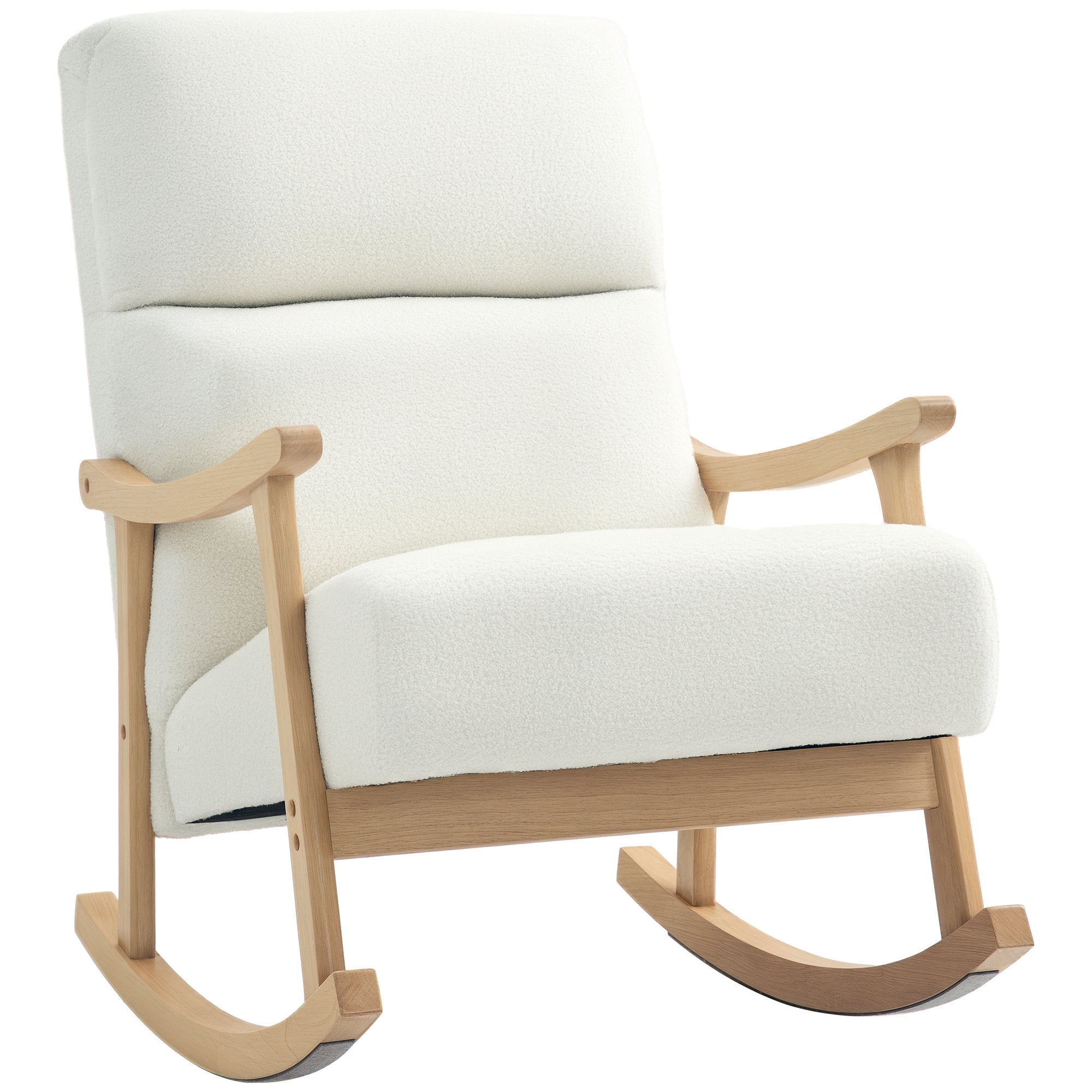 Rocking Chair Teddy Fabric Upholstered Armchair with Wooden Rockers Ergonomic Backrest Nursing Rocker Chair for Living Room Bedroom Cream White