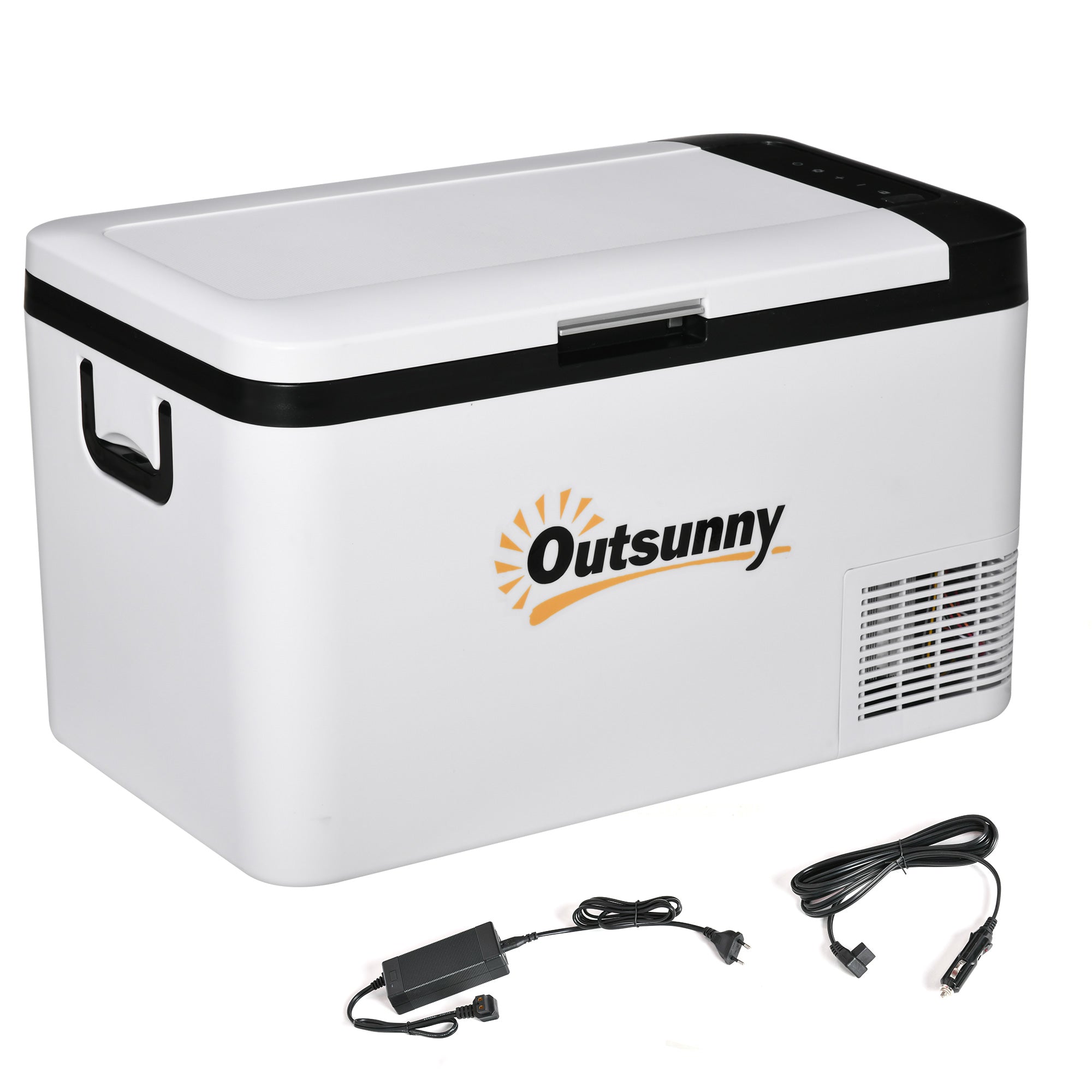 Outsunny Tragbarer Elektro-Kühlschrank 25L 12/24V bis -20℃ Kompressor-Kühlschrank und Gefrierschrank für Auto mit LED-Licht und Klappgriffen, Niedriger Energieverbrauch für Zuhause und Camping 58,5x33