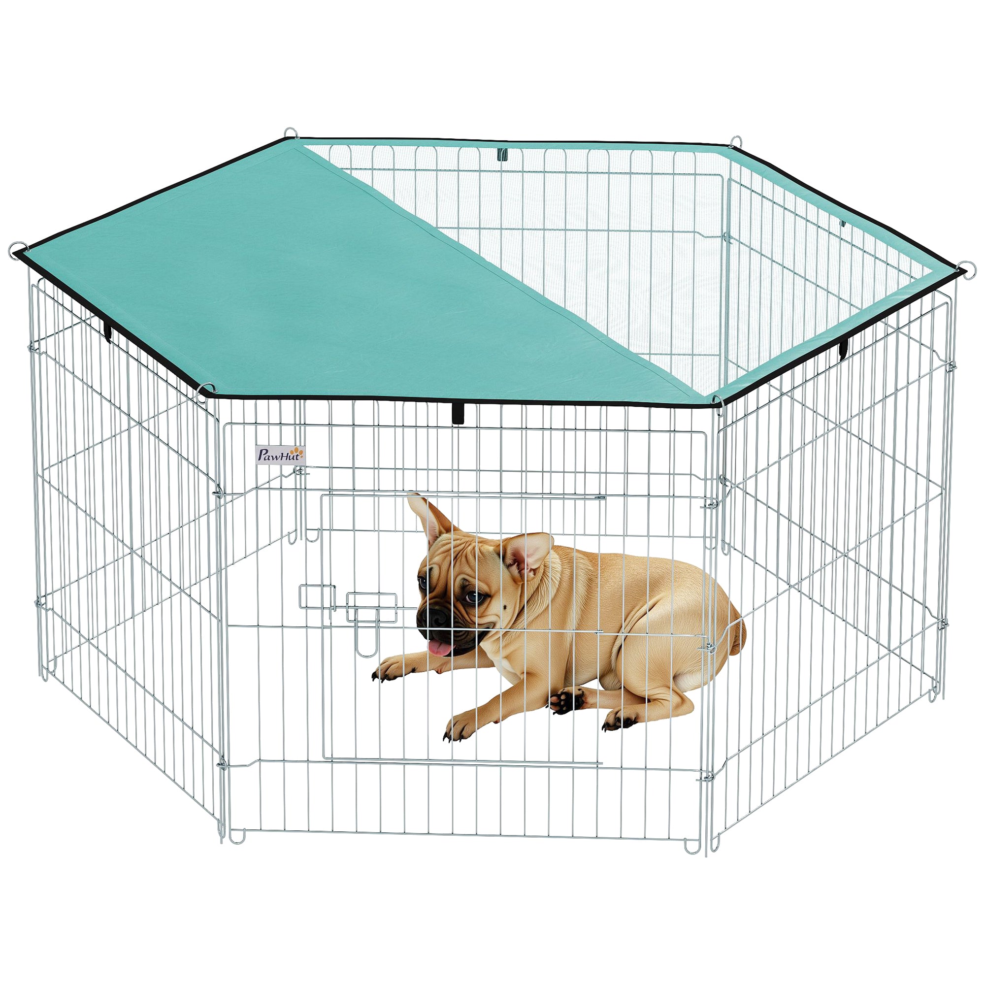 Parc pour Chien PawHut 6 Panneaux 59x60 cm Clôture Métallique Pliable pour Animaux avec Porte et Système de Verrouillage et Canopy pour Jardin Terrasse Extérieur Argent