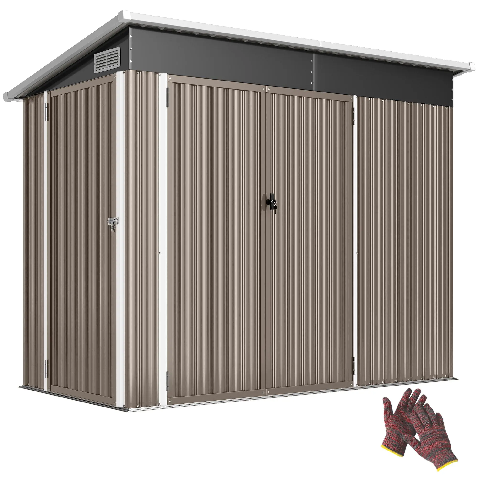 Metal Garden Shed, Outdoor Storage 234 × 132 × 185 cm, Lockable Triple Doors, Sloped Roof, Vents & Gloves, Galvanized Steel, Light Gray