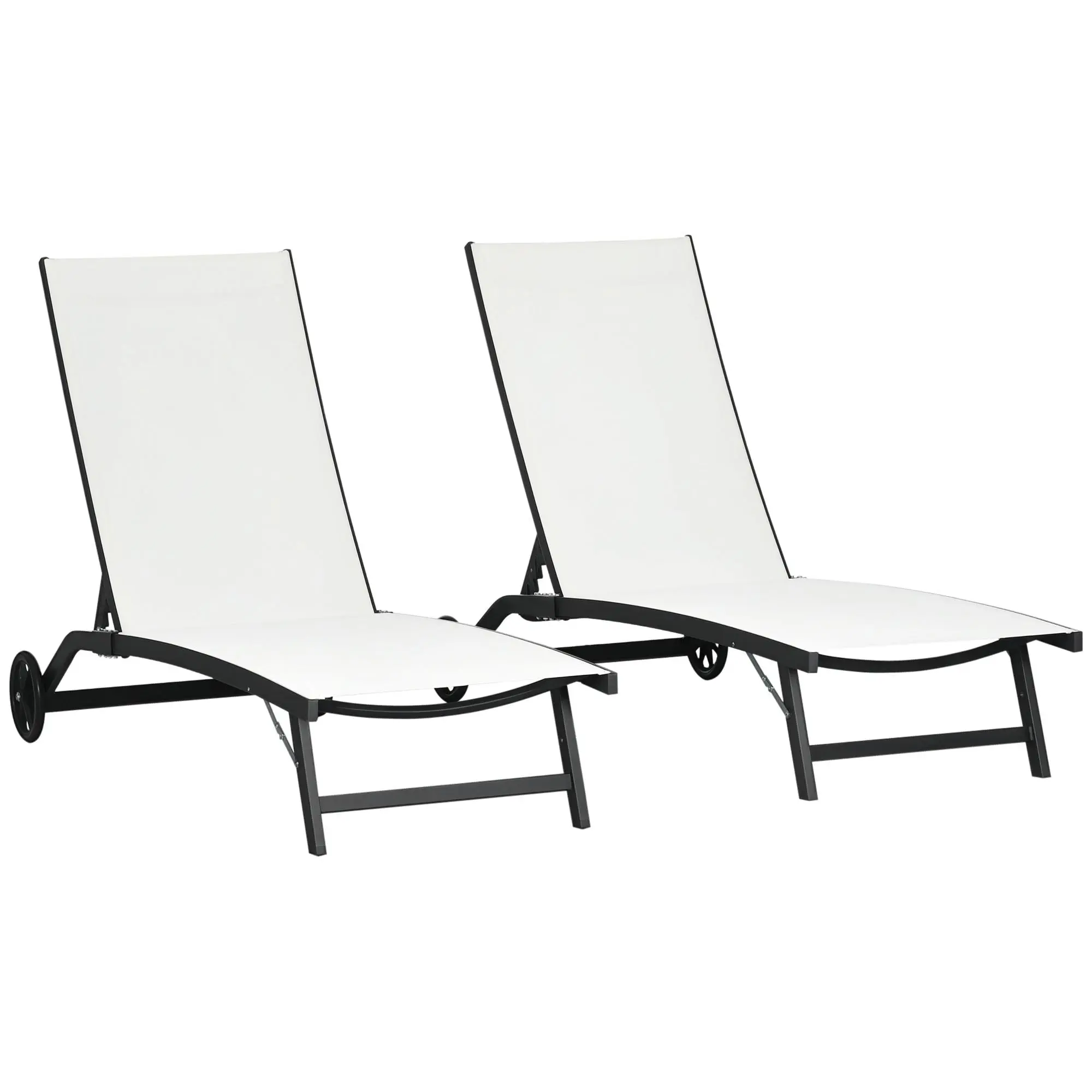 Set of 2 Garden Outdoor Loungers Reclining Aluminum Sun Loungers with 5-Level Adjustable Backrest and Wheels for Beach Pool 165x66x102 cm Matte White