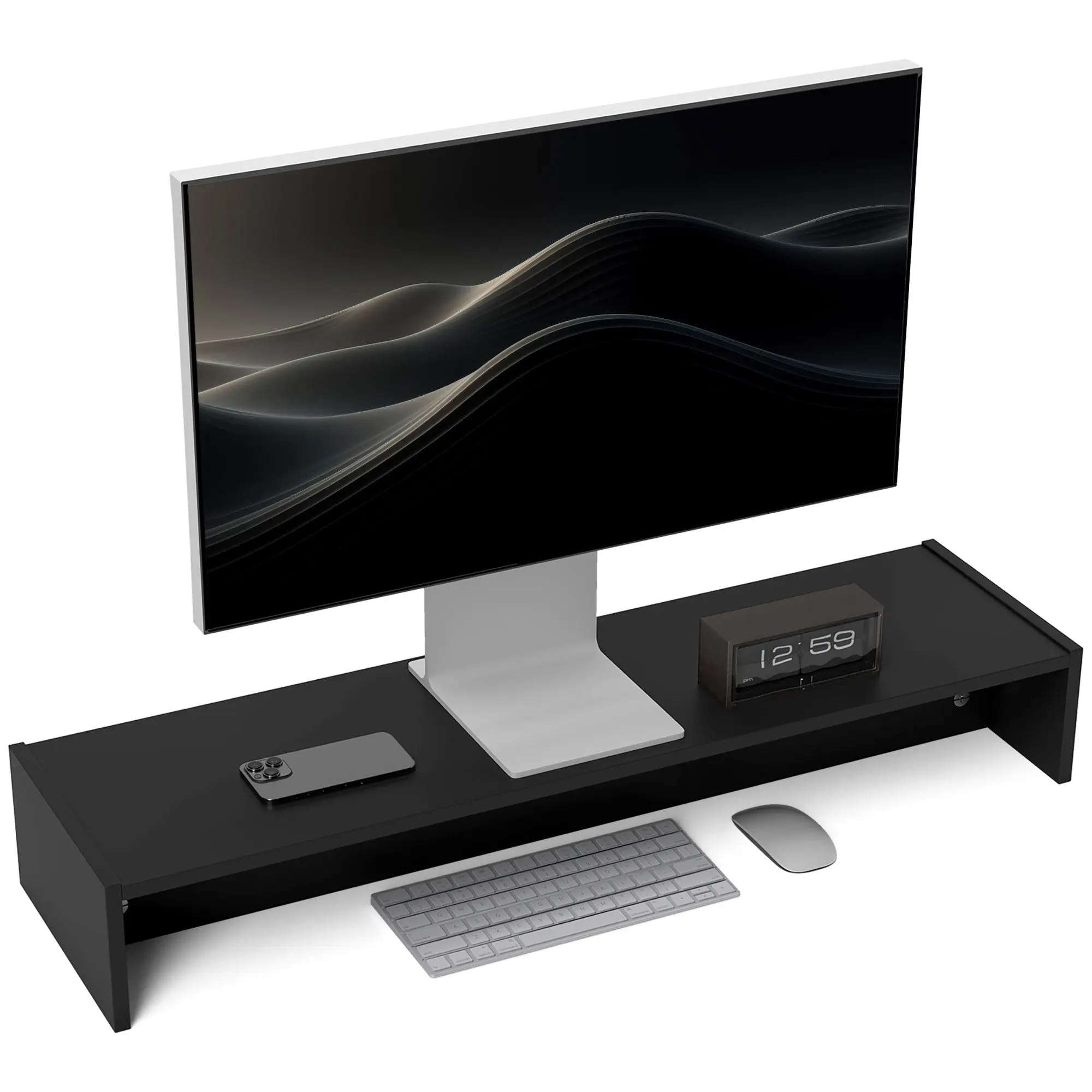 PC Monitor Stand with 2 Storage Compartments, Desktop Monitor Stand in Wood, for Laptop and Computer, Holds up to 16Kg, 100x27x15 cm, Black