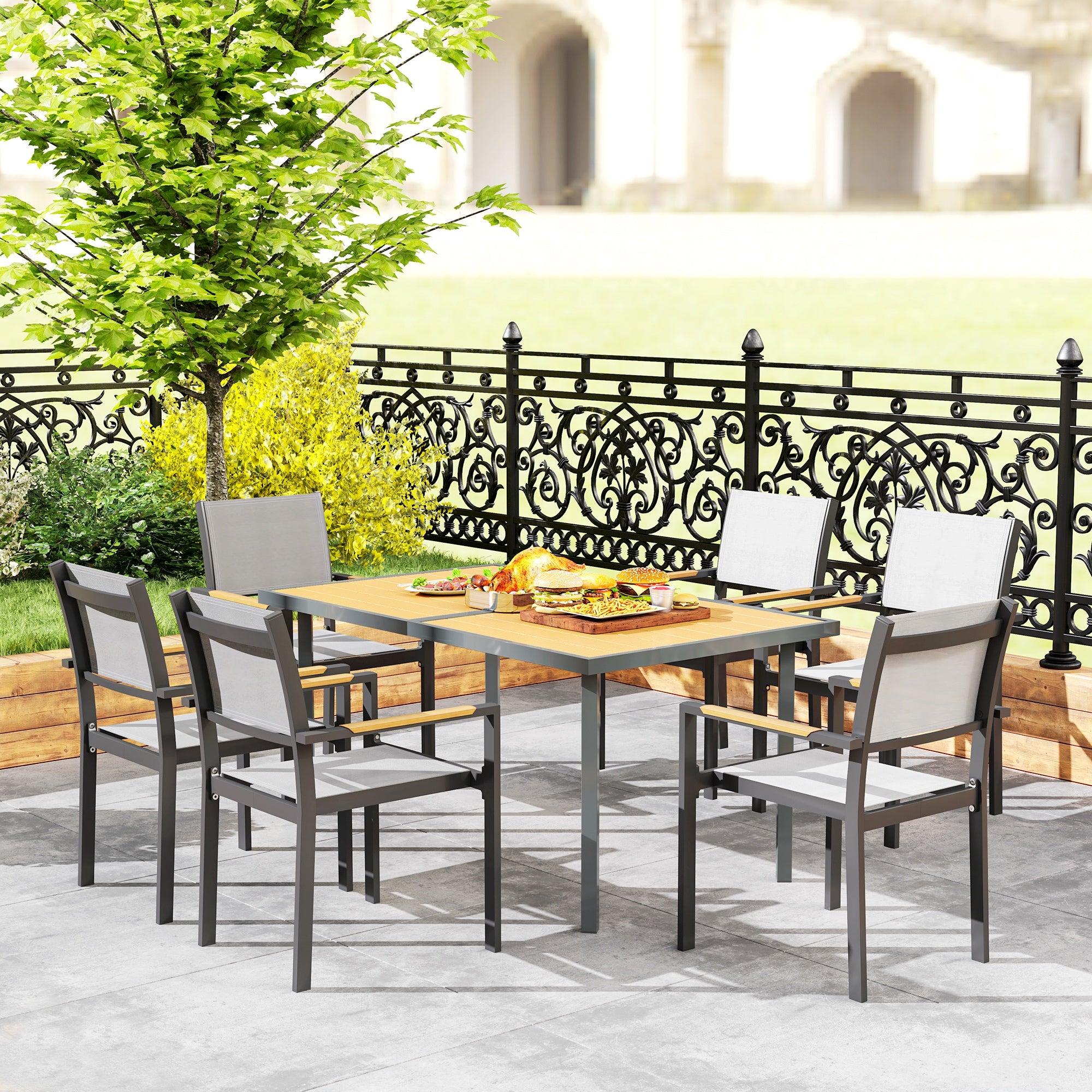 Garden Dining Table for 6 people, Garden Table with Rectangular Wood-Effect Anti-Rust Steel Top for Patio, Terrace, 150 x 90 x 72 cm, Natural Wood