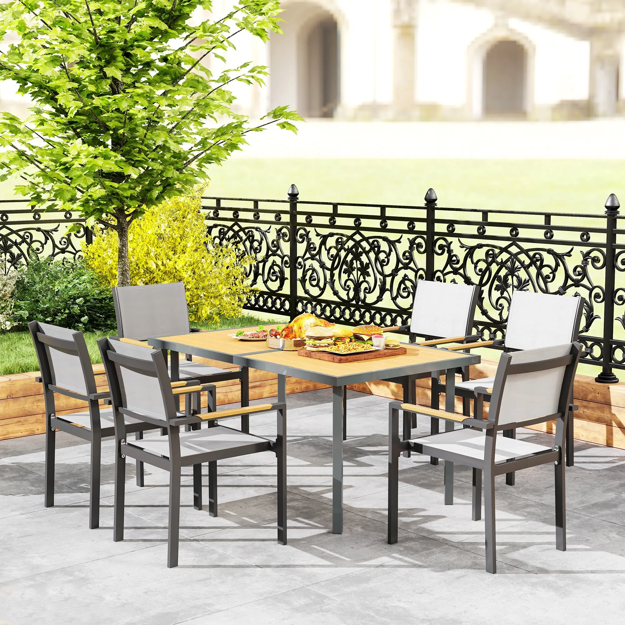 Garden Dining Table for 6 people, Garden Table with Rectangular Wood-Effect Anti-Rust Steel Top for Patio, Terrace, 150 x 90 x 72 cm, Natural Wood