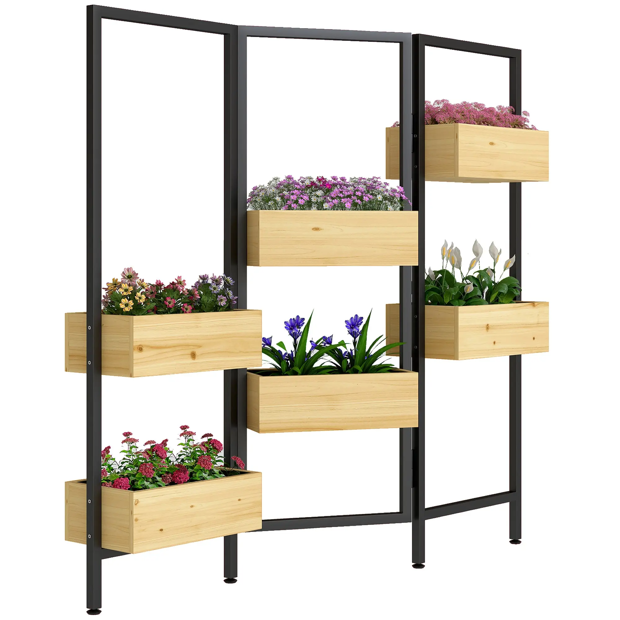 Vertical Planter with 6 Wooden Planter Boxes, Foldable Plant Stand & Trellis Screen, Metal Frame for Balcony Garden, Patio & Indoor Use