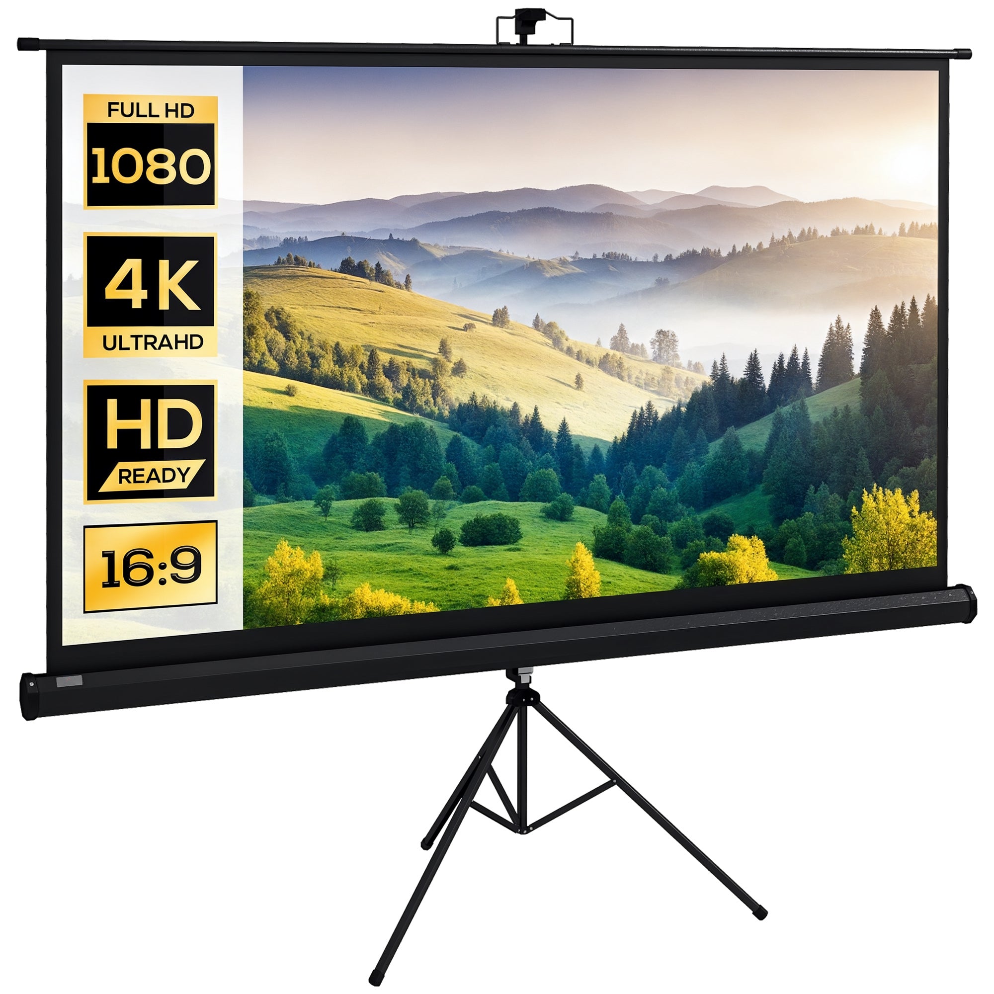 HOMCOM Rankinis Projektoriaus Ekranas su Stovu 84 Colių Nešiojamas Projektoriaus Ekranas 16:9 Formatas su Reguliuojamu Aukščiu Vidinei ir Išorinei Mobilių Kino Salėms 186x105 cm Juodas