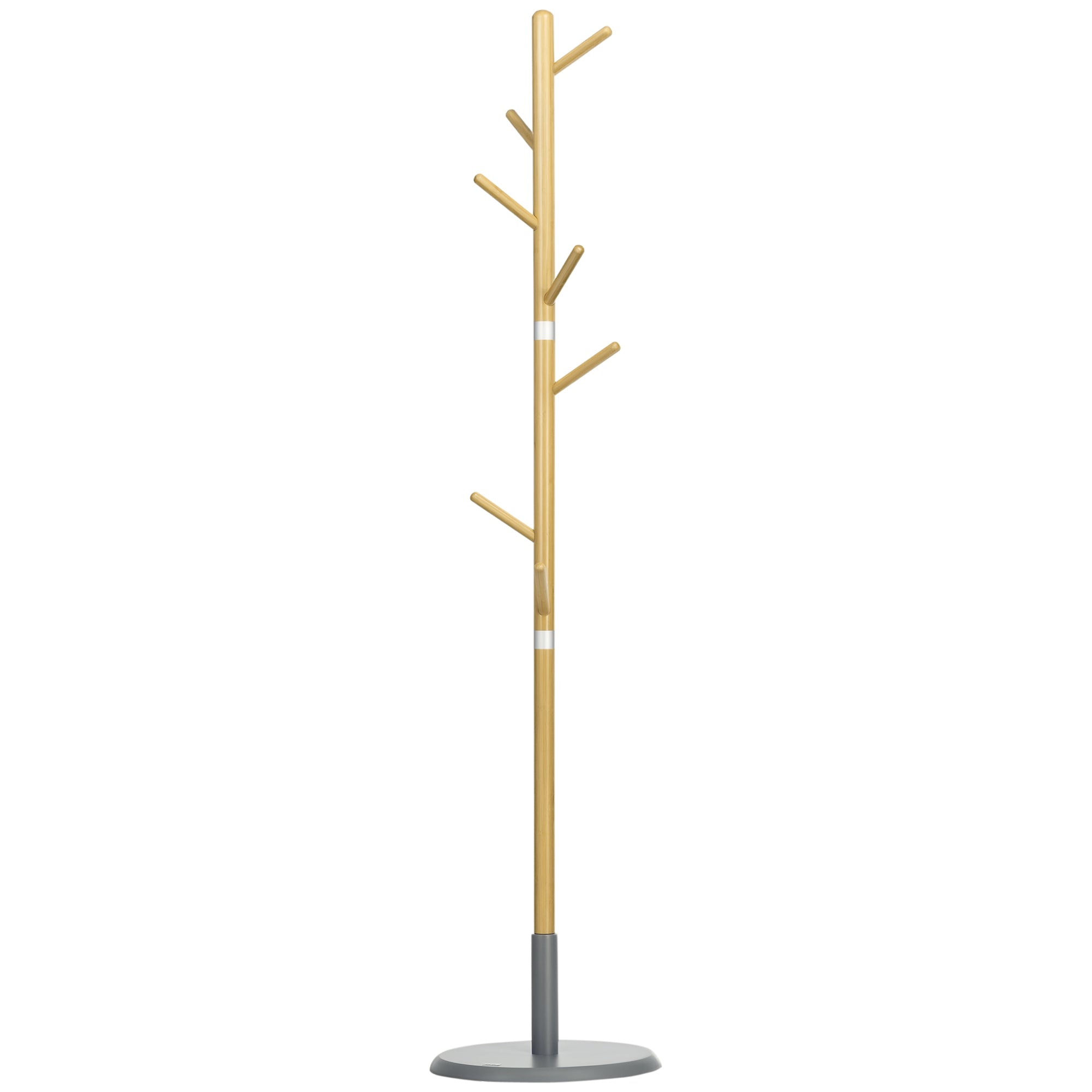 HOMCOM Bambus Kleiderständer Freistehend mit 8 Haken zum Aufhängen von Kleidung Taschen Baumförmiger Kleiderständer Ø37,8x175,6 cm Natur und Grau