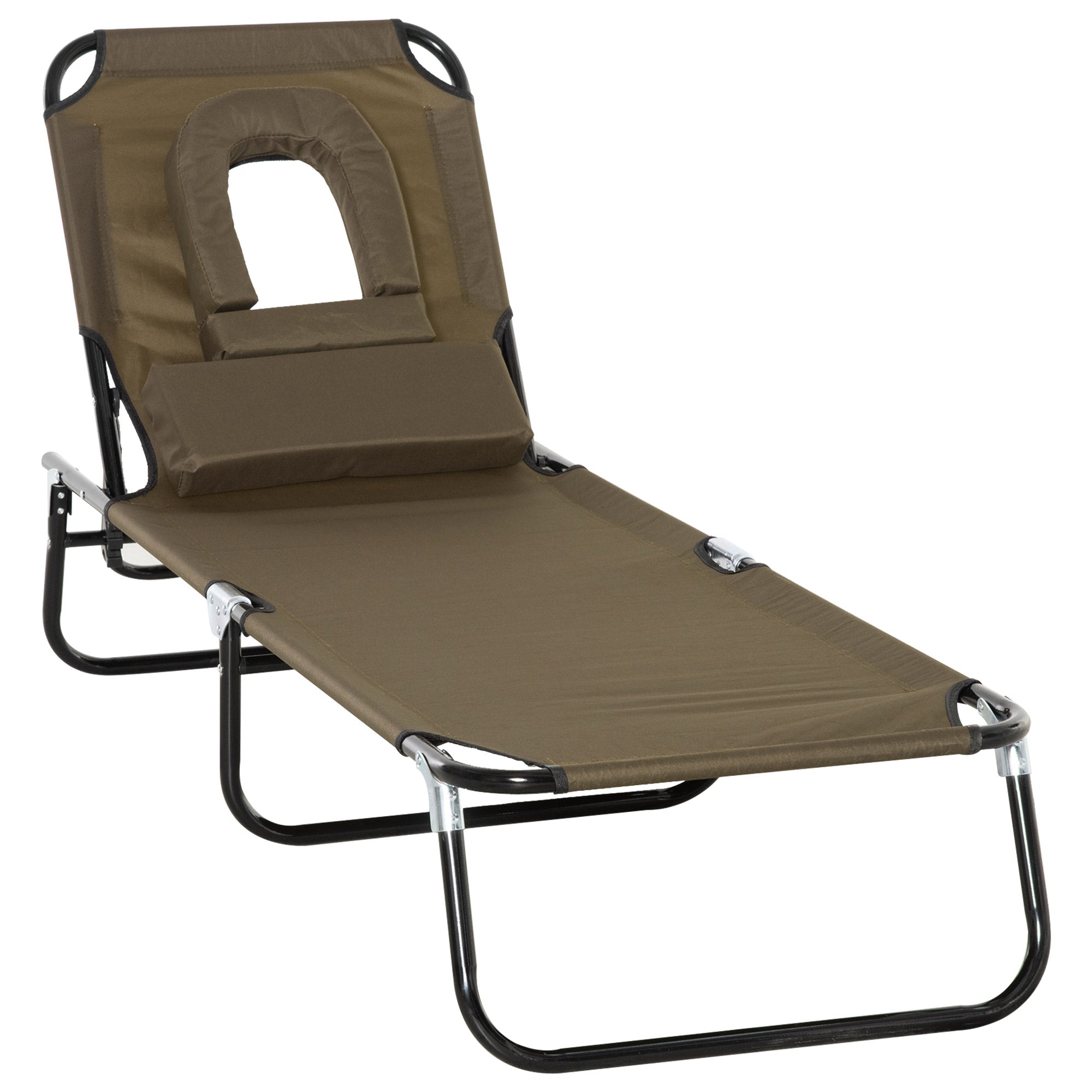 Folding Sun Lounger with Headrest, Reading Hole, 4-Position Reclining Sun Lounger in Oxford 600D, Outdoor Garden Lounger Camping Pool Terrace, 190x56x28cm, Brown