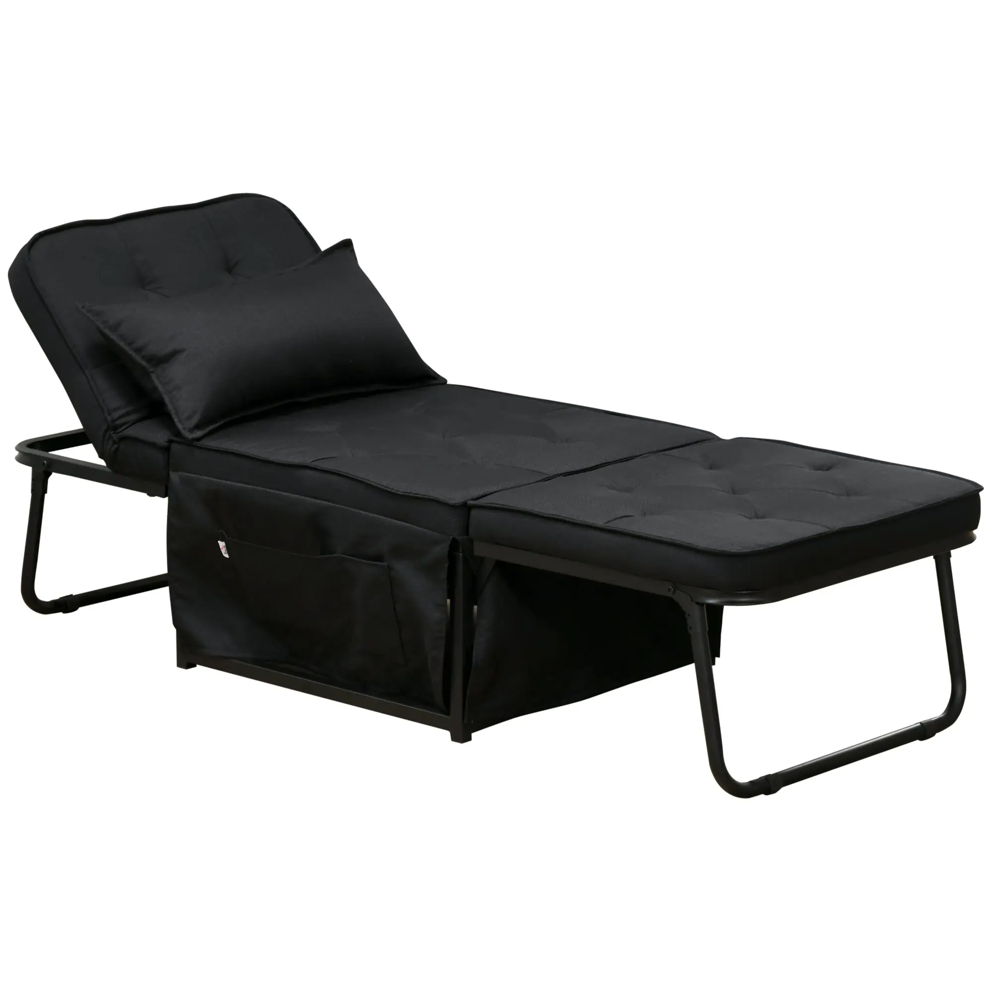 Single Seater Convertible Armchair Bed Chaise Longue 4 in 1 with 5-Level Reclining Backrest, Foldable Footrest, Removable Cushion and Pockets, for Guest Room Black
