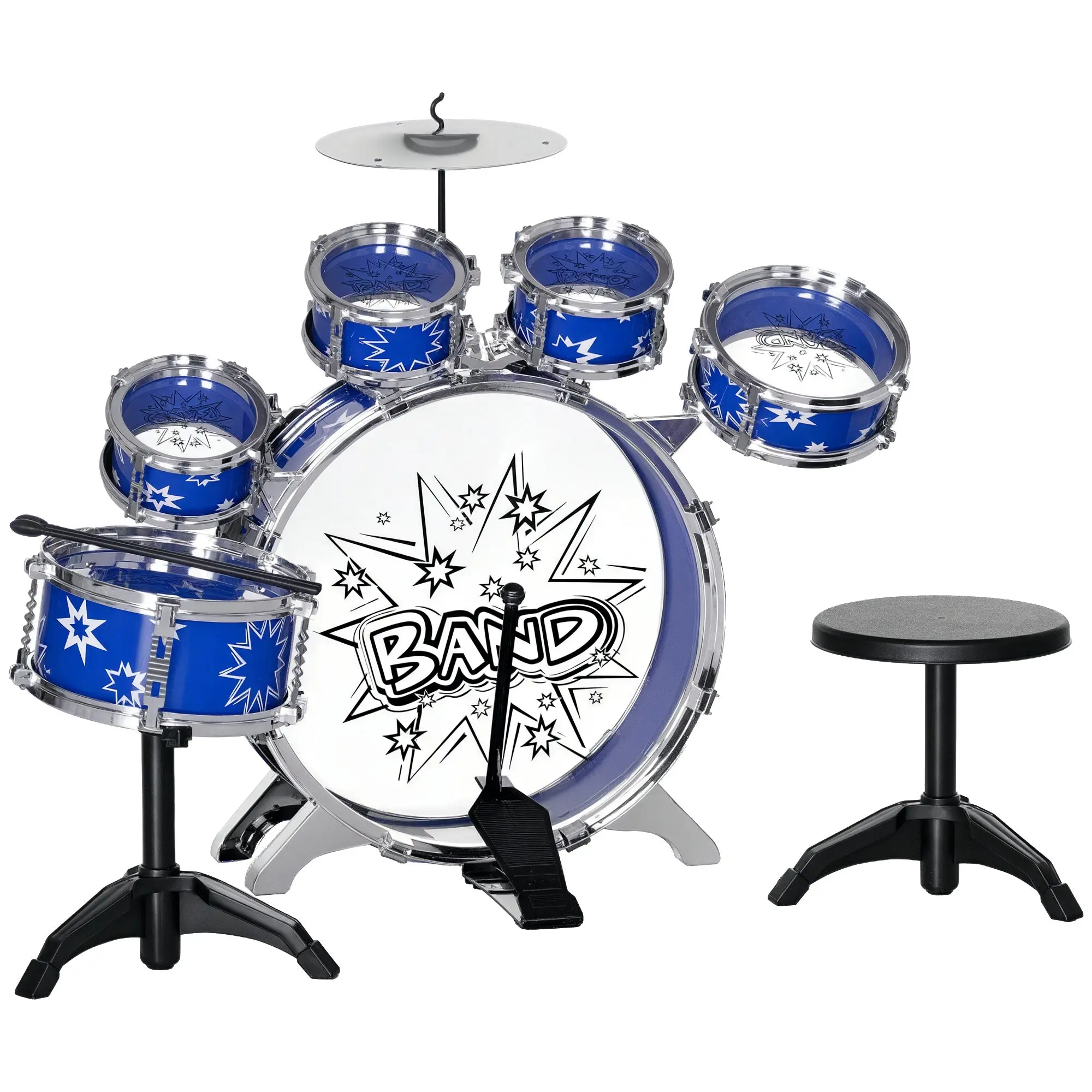 Kids Drum Set with Stool Drum Kit for Children 3+ Years with Drums Bass Drum Cymbal Pedal and Drumsticks Star Theme Design 25.6x8.7x22.4 inches Blue
