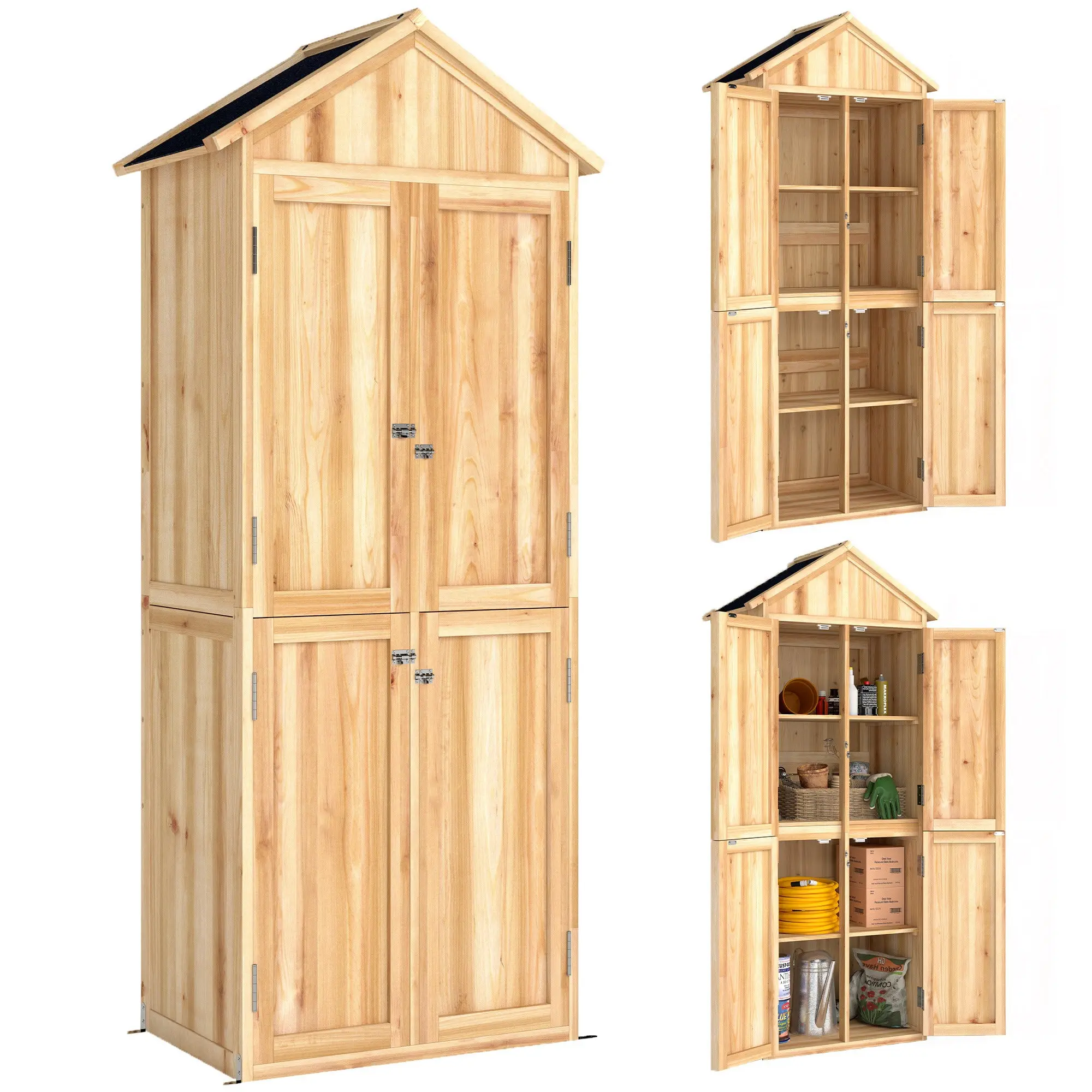 Wooden Outdoor Storage Cabinet — 4 Doors, 2 Removable Shelves, Sloped Asphalt Roof, 32.3×19.7×74.8 in, Natural