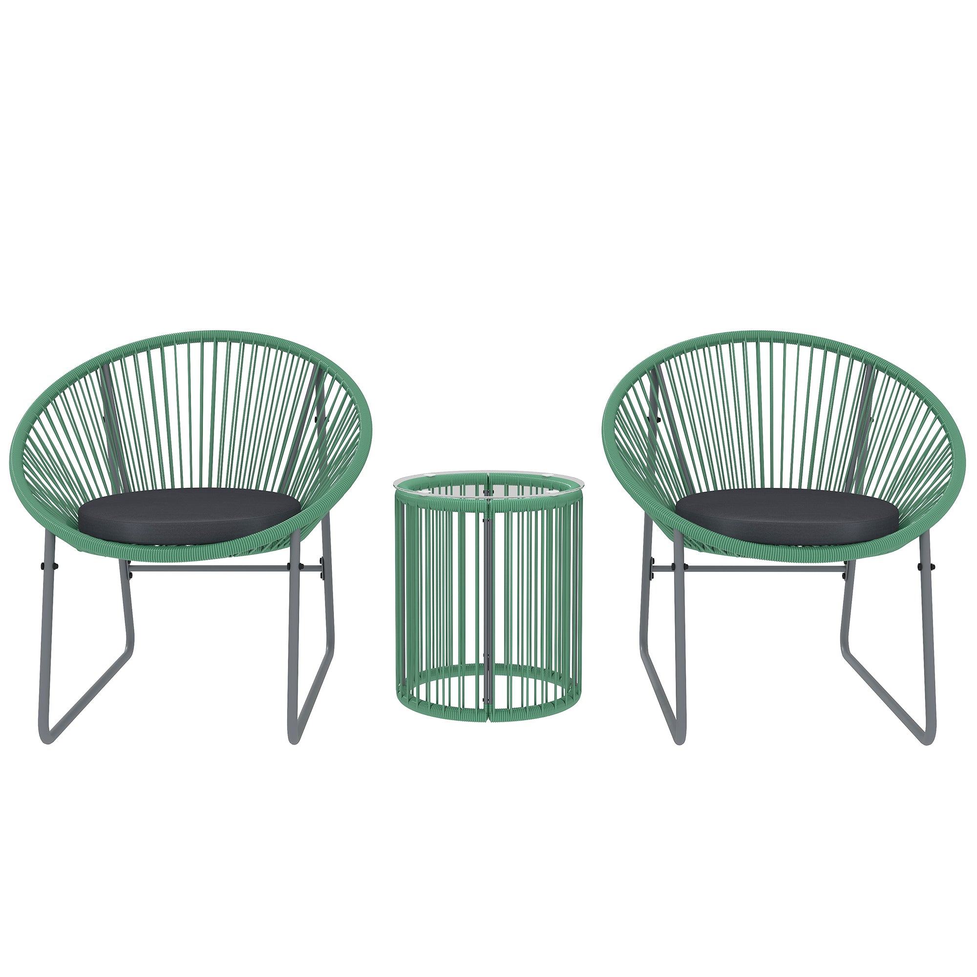 Outsunny Poly Rattan Have Møbel Sæt, Udendørs Balkon Møbler til 2 Personer, 3-Piece Bistro Sæt Siddegruppe med 2 Stole, Sidebord, Siddehynder, Vejrbestandige Møbler til Have og Balkon, Grøn