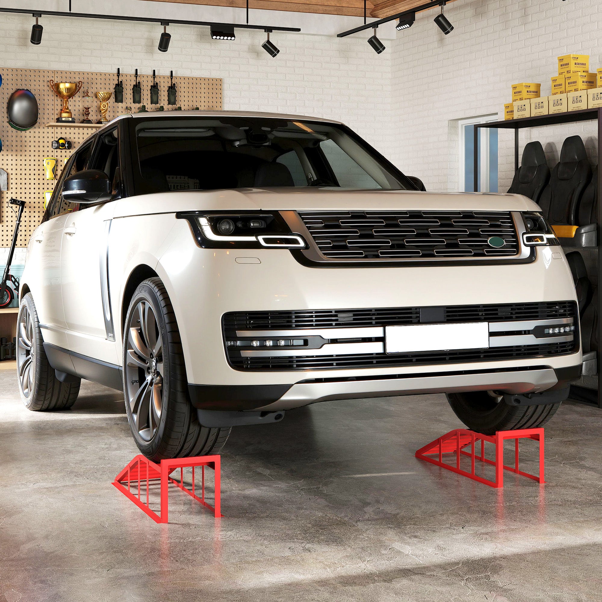 HOMCOM 2-tükine auto ligipääs rampside komplekt, terasest sõiduki tõstmis ramps, libisemiskindel, auto hooldamiseks ja remondiks, garaaž, kodu, töötuba, punane