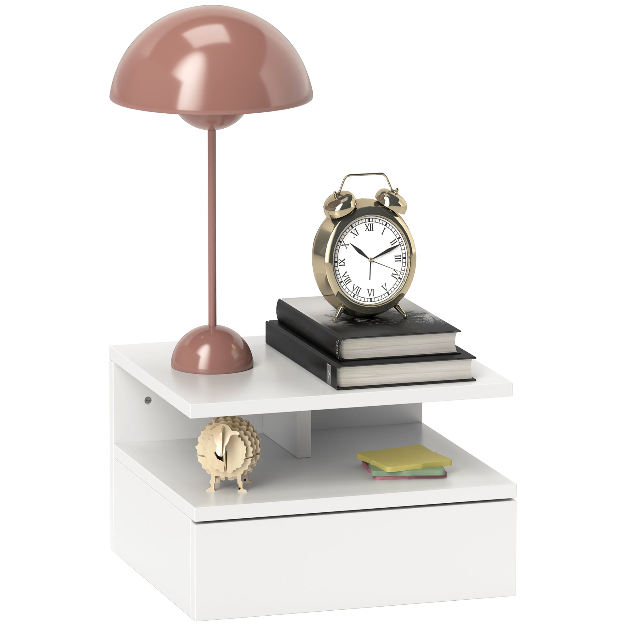 Wall-Mounted Bedside Table, Modern Bedroom Nightstand, with Drawer and Upper Shelf in Wood, 35x32x22.5cm, White