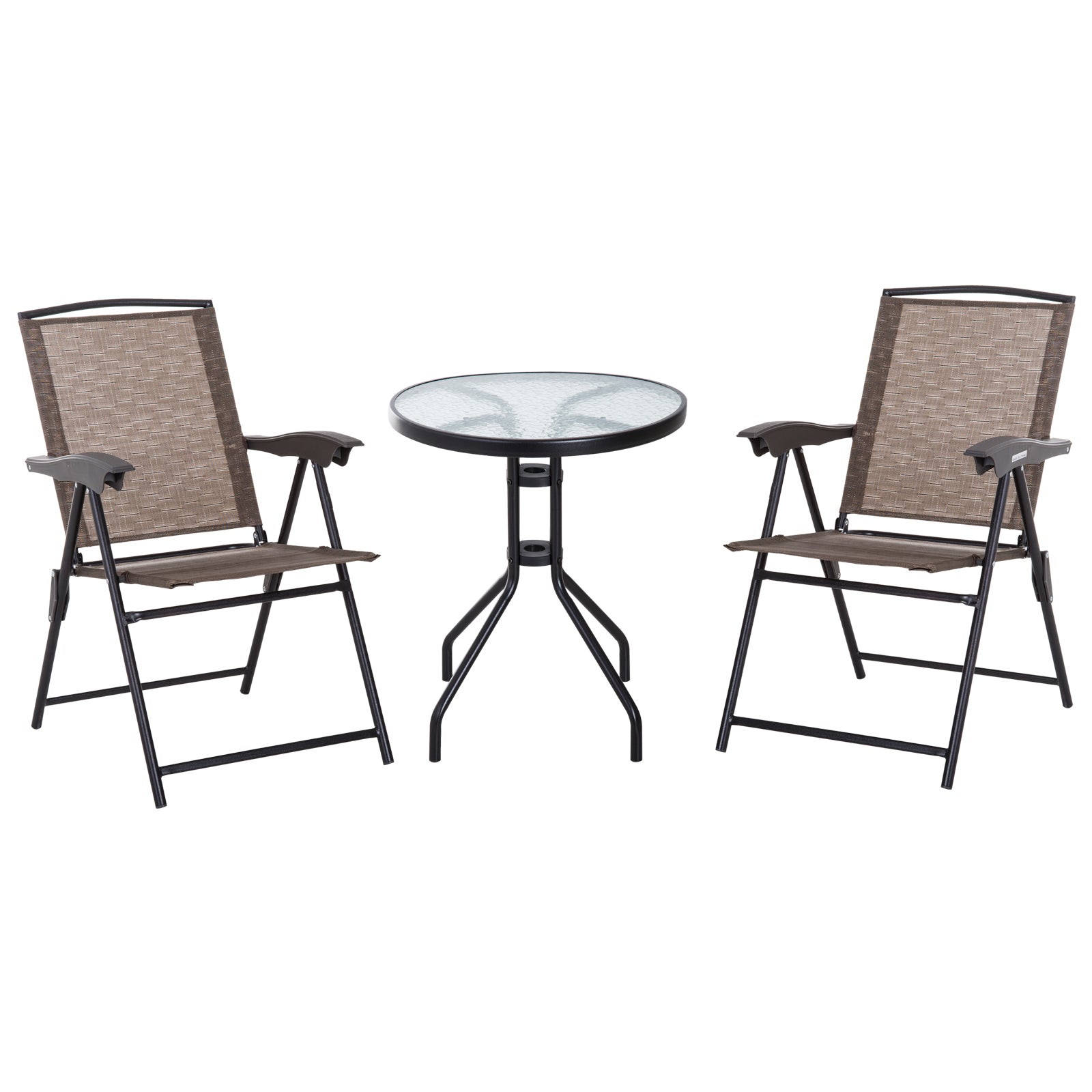 Outsunny Trädgårdsmöbelset Bord och 2 Stolar för Utomhus Terrass Fällstolar med 4-Ivåningars Ryggstöd Textilene Stålram Brun