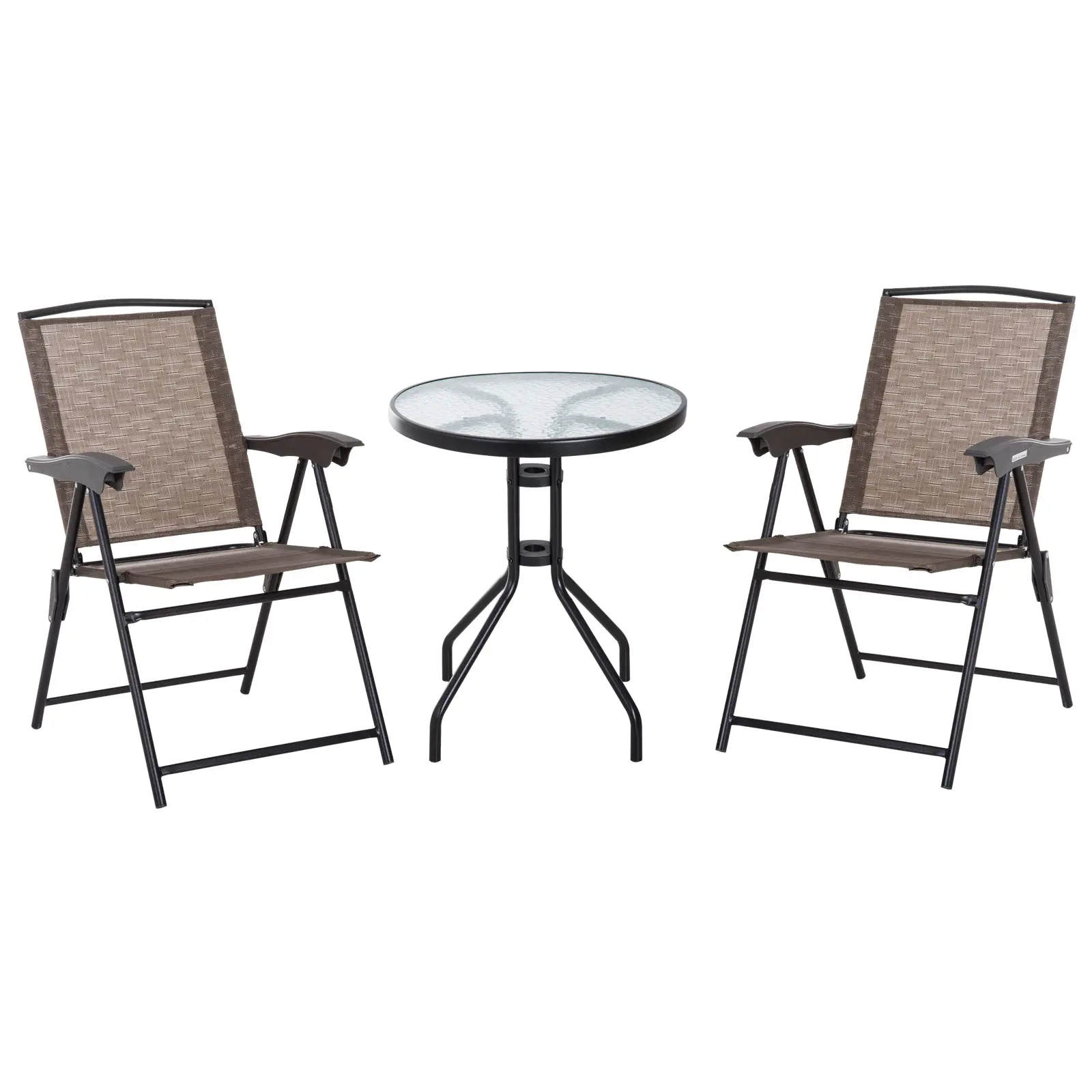 Garden Furniture Set 3 Piece with 2 Folding Reclining Chairs and Round Glass Table, Outdoor Patio Bistro Set, Brown