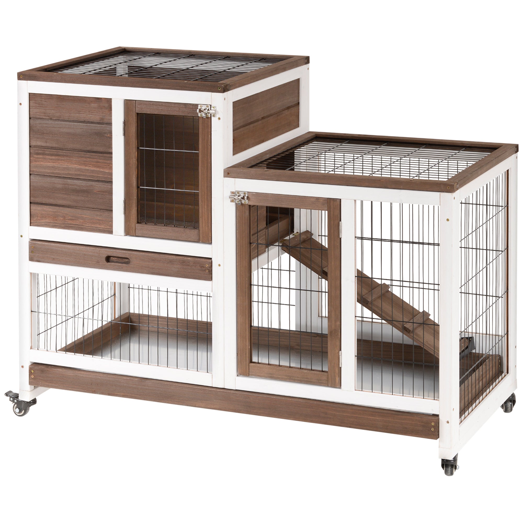 PawHut Clapier en Bois à 2 Niveaux avec Roues, Portes, Zone Ouverte, Rampe et 2 Plateaux Amovibles - Clapier Intérieur 110x50x88 cm Marron