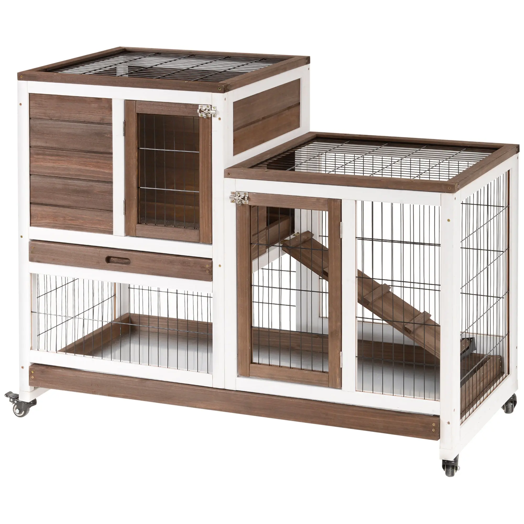 PawHut Indoor Rabbit Hutch with Wheels 2 Tier Wooden Bunny Cage Rolling Guinea Pig House with Ramp Removable Trays Lockable Doors Brown 110x50x88 cm