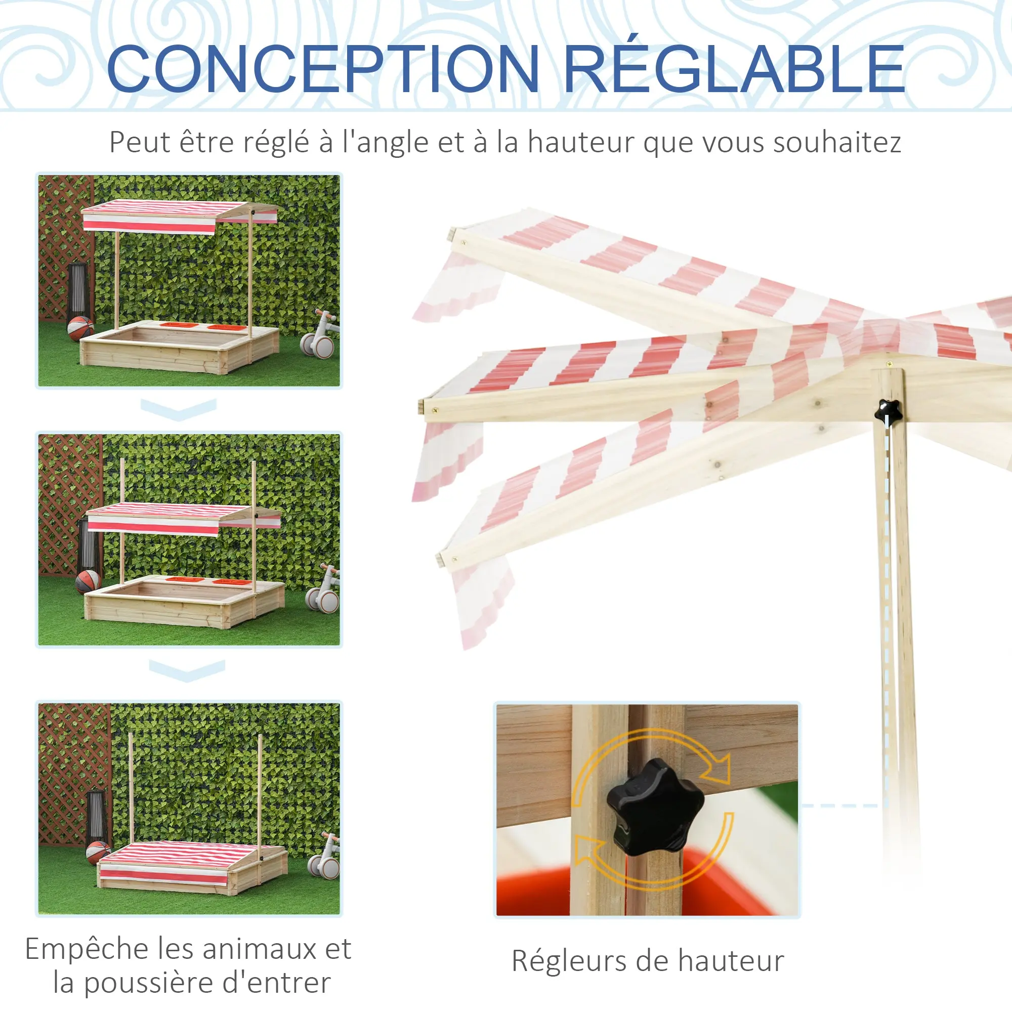 Square Wooden Sandpit 1.18L x 1.18W x 1.18H m - Adjustable Height, Inclination Roof, Closable - 2 Tubs - Fir Wood Autoclave