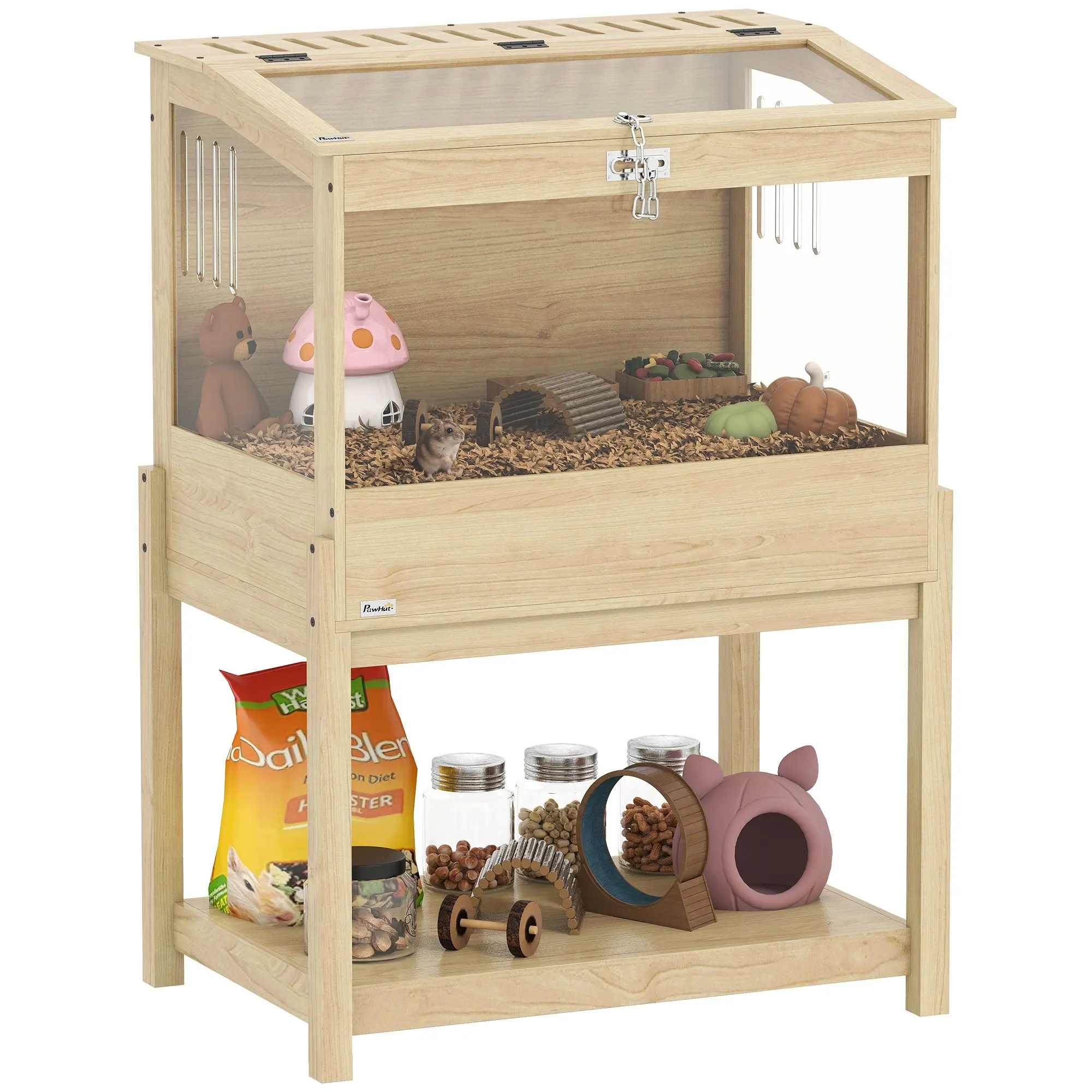 Hamster Cage 2 Tiers Small Animal Cage with Foldable Lid, Large Pet House Cage for Hamster Dwarf Hamster 83.2 x 50 x 103 cm Natural Wood