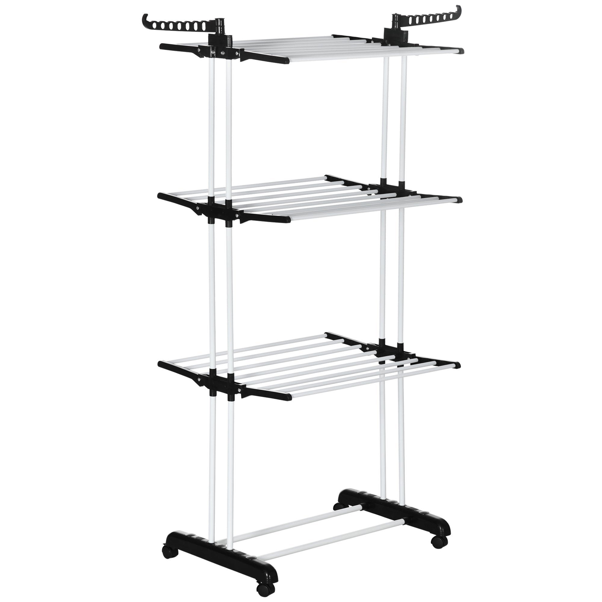 HOMCOM Kleiderständer Turmkleiderständer mit Rollen, 4 Ebenen, ausziehbarer Kleiderturm für Innen- und Außeneinsatz, Stahl Schwarz 73 x 45,5 x 177 cm