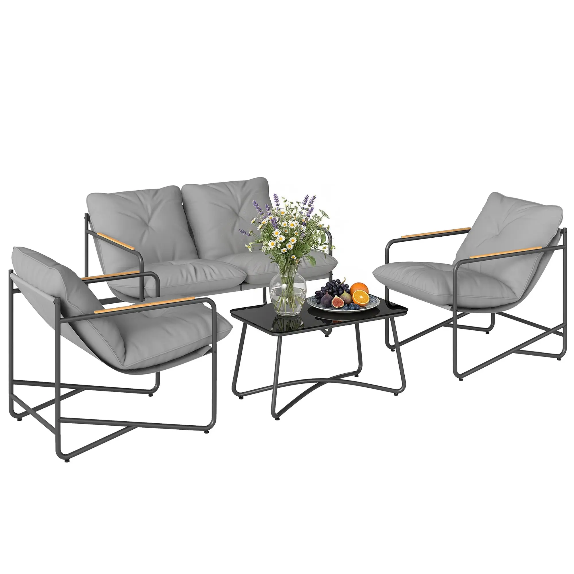 4-Piece Outdoor Patio Set – 2-Seat Metal Loveseat, 2 Armchairs & Tempered Glass Coffee Table, 13 cm (5") Cushions, Light Gray