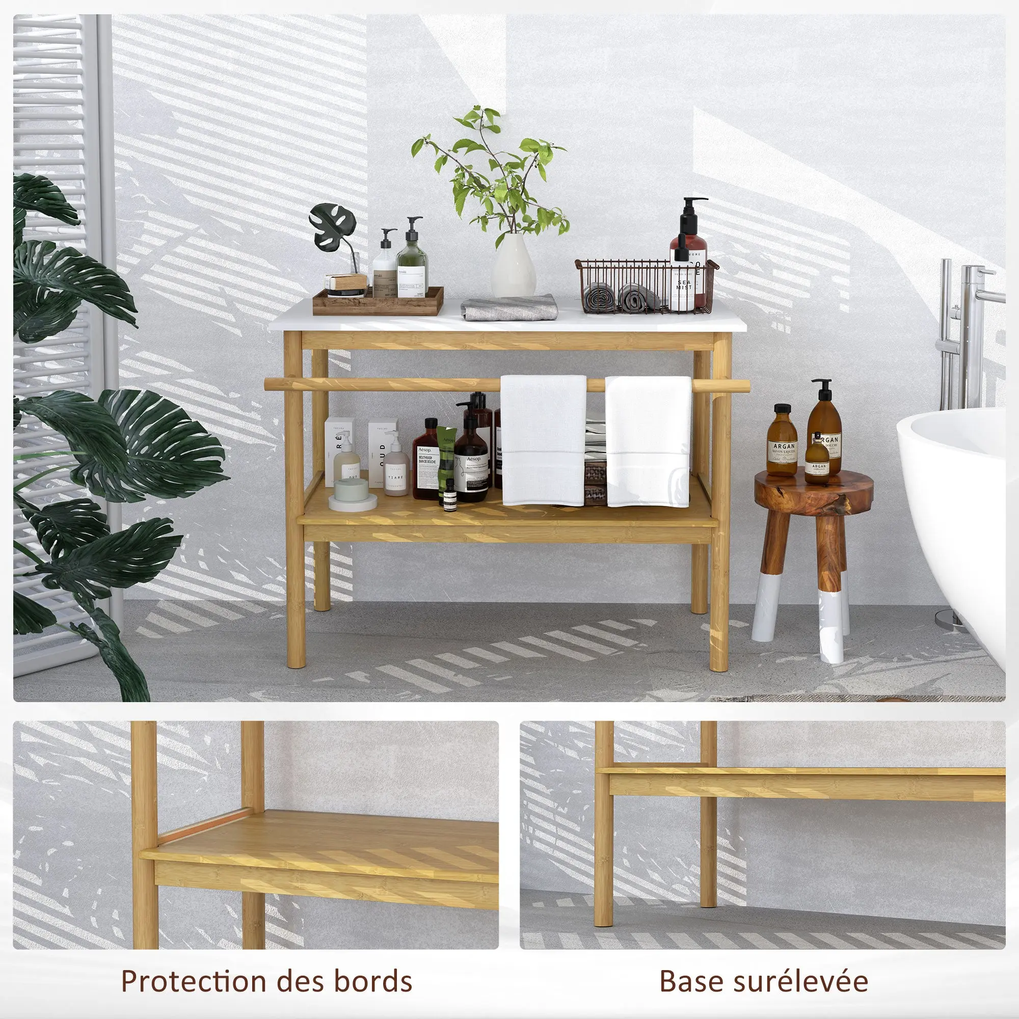 Bathroom shelf storage, bamboo bathroom furniture with 2 tiers with towel bar, open shelf, dim. 100W x 48D x 75H cm, natural and white