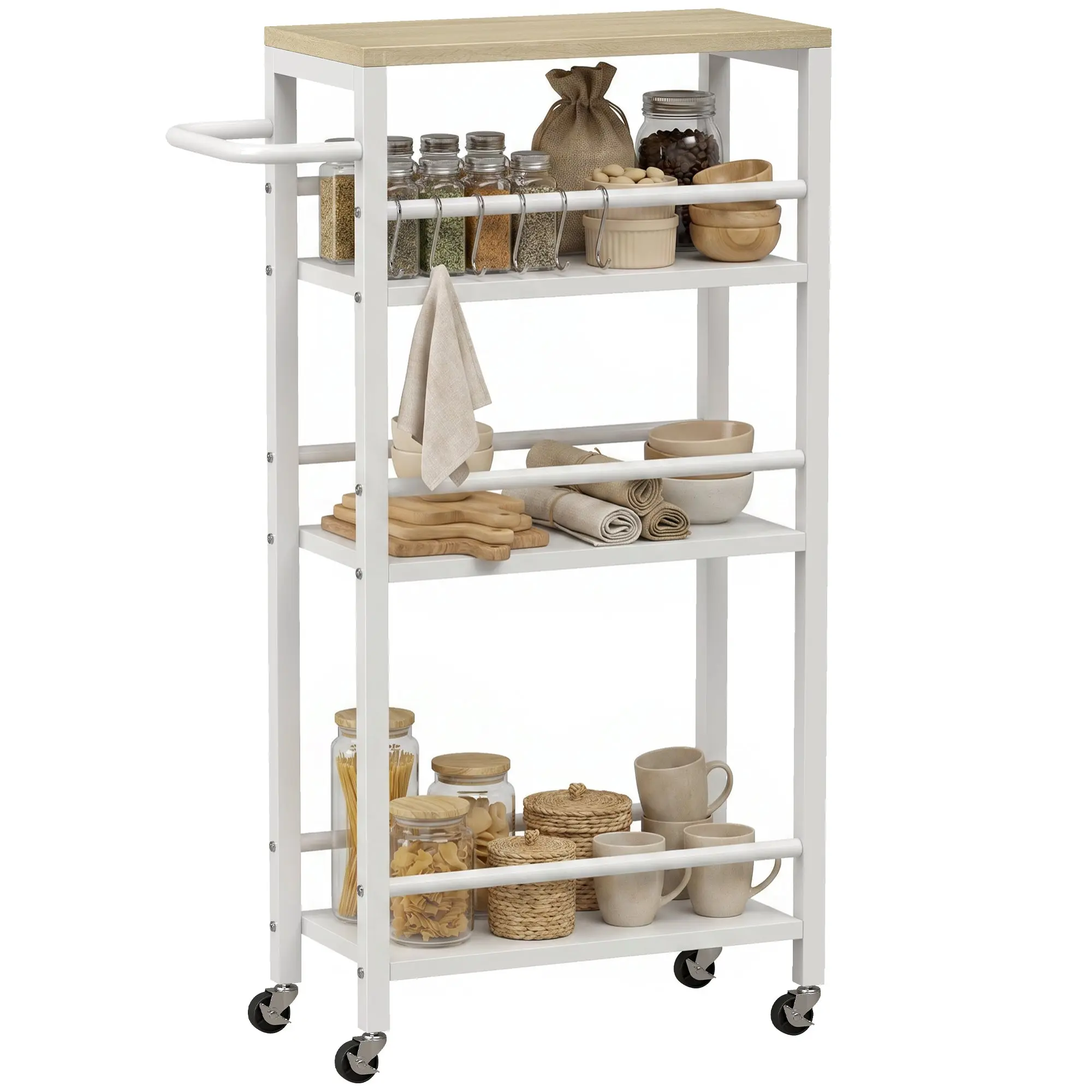 4-Tier Kitchen Cart, Rolling Storage Cart with Towel Bar & 6 Hooks, Oak/White – For Kitchen, Dining, Bathroom