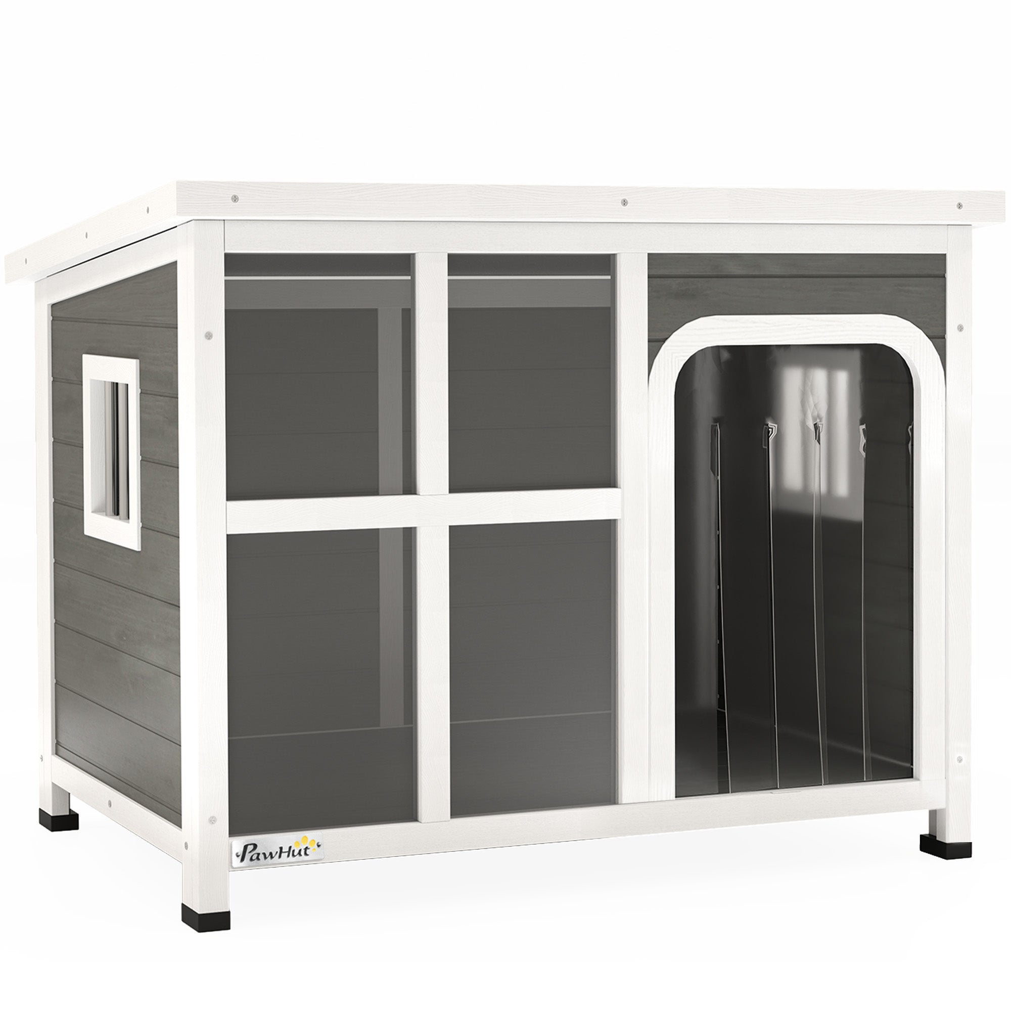 PawHut Lille og Medium Hundehus med Sidevinduer og Indgangs Gardin, Udendørs Hundehus med Aftagelig Bund og Åbent Tag, 90x62x71 cm, Lys Grå