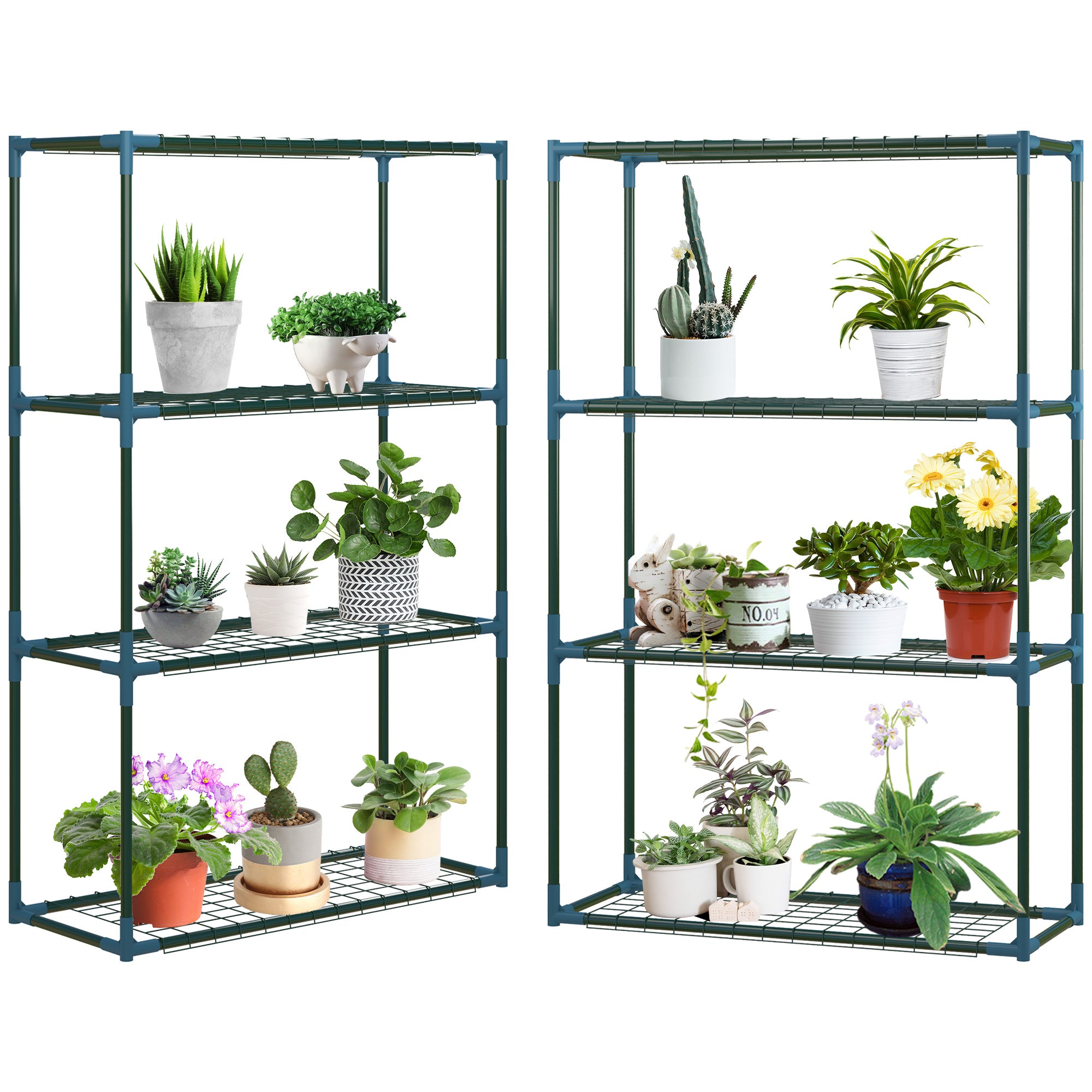 Plant Rack 2-Pack, Plant Stand with 4 Tiers, Flower Stand, Flower Shelf for Balcony, Garden, Greenhouse, Steel, Green, 70 x 27 x 110 cm