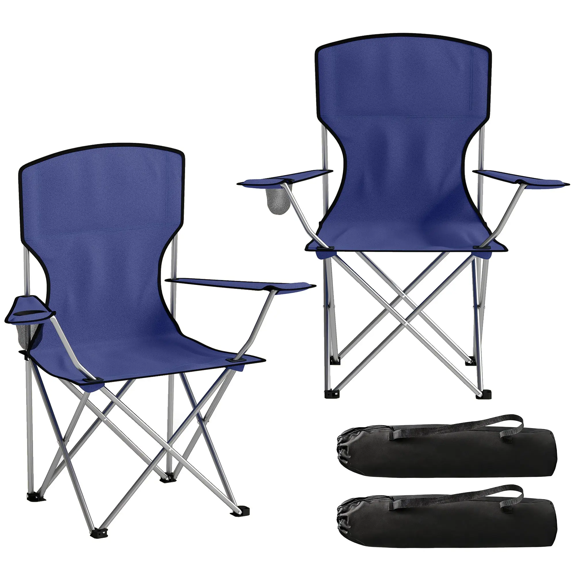 2-Pack Folding Camping Chairs with Cup Holder, Carry Bag, Armrests & High Back — Dark Blue, 120 kg Capacity