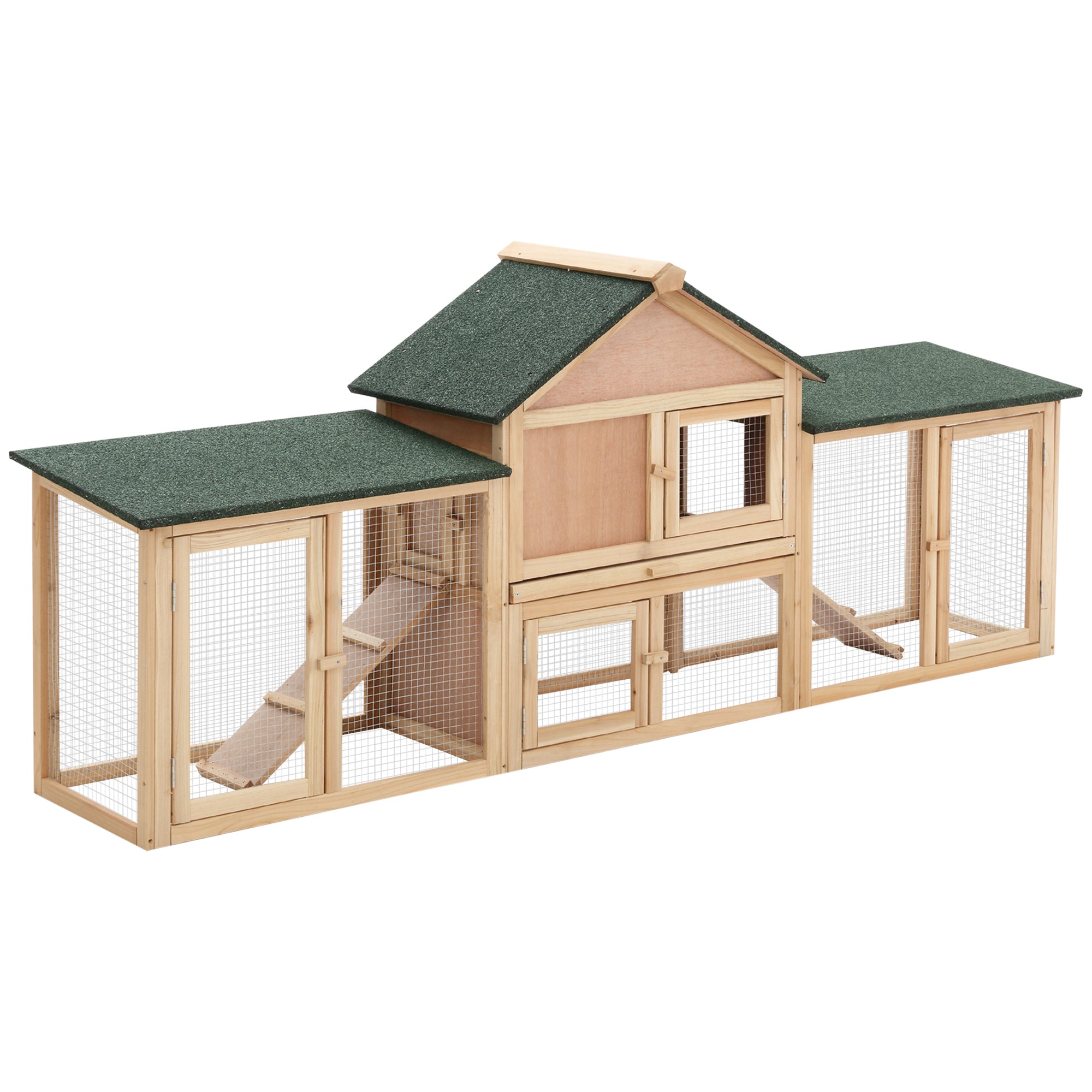 PawHut Großes Außengehege für Kaninchen - Holzgehege für 2-4 Kaninchen mit Asphaltdach, Drahtgeflecht, herausziehbarer Schublade und Rampen, 210x45,5x84,5 cm in Natur und Grün