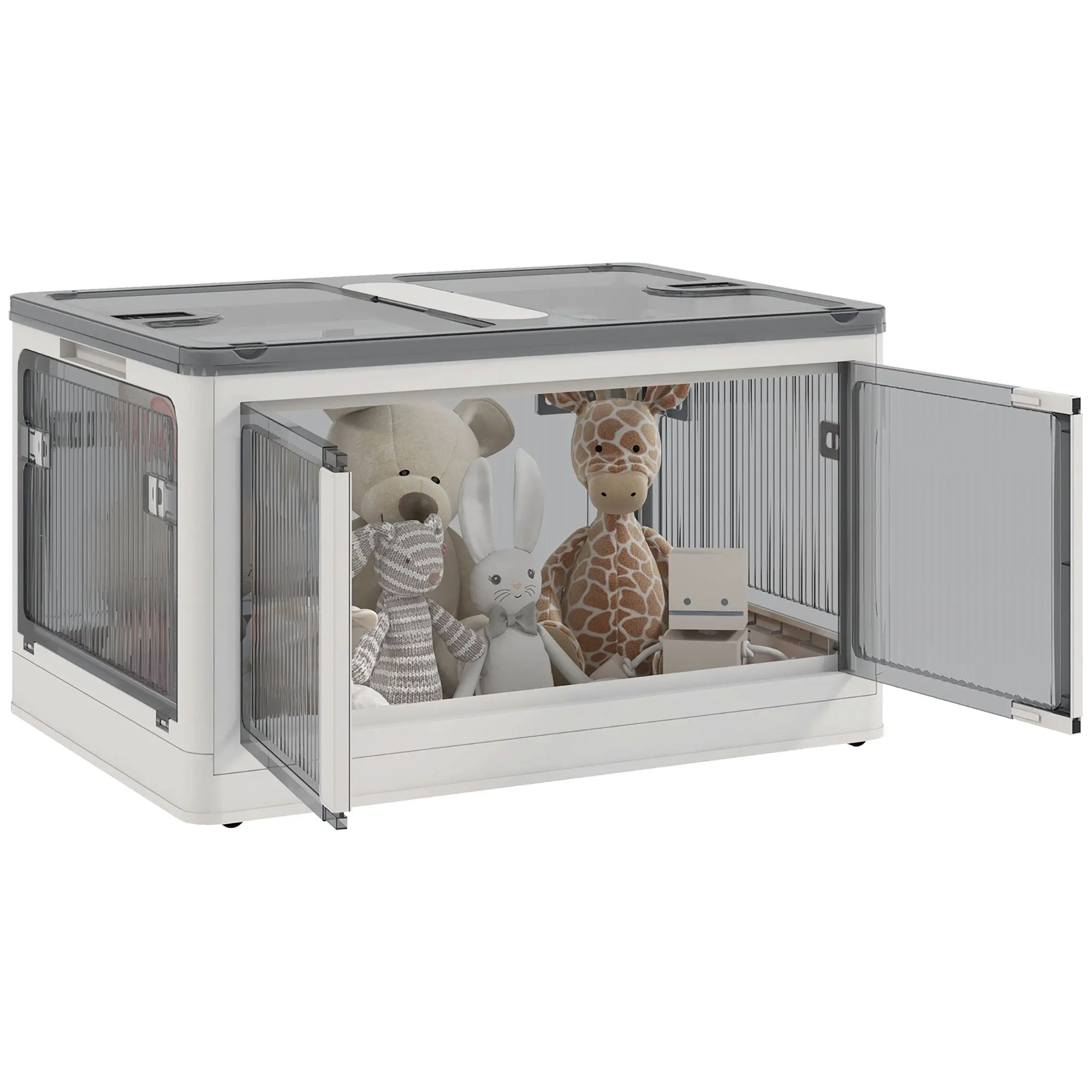 Plastic Storage Box with Wheels Foldable Crates Storage, Stackable Wardrobe Organizer for Toys, Clothes, Books White, 60cm x 42cm x 34cm
