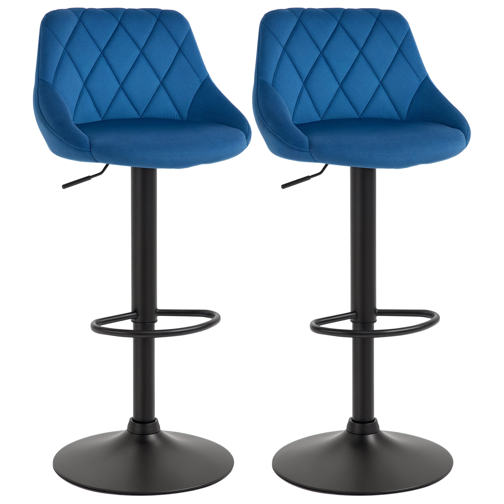 HOMCOM Ensemble de 2 Tabourets de Bar avec Hauteur Réglable, Base en Métal et Siège en Similicuir, Tabourets de Bar Modernes Pivotants avec Dossier et Repose-pieds 46x48x83-104cm, Bleu
