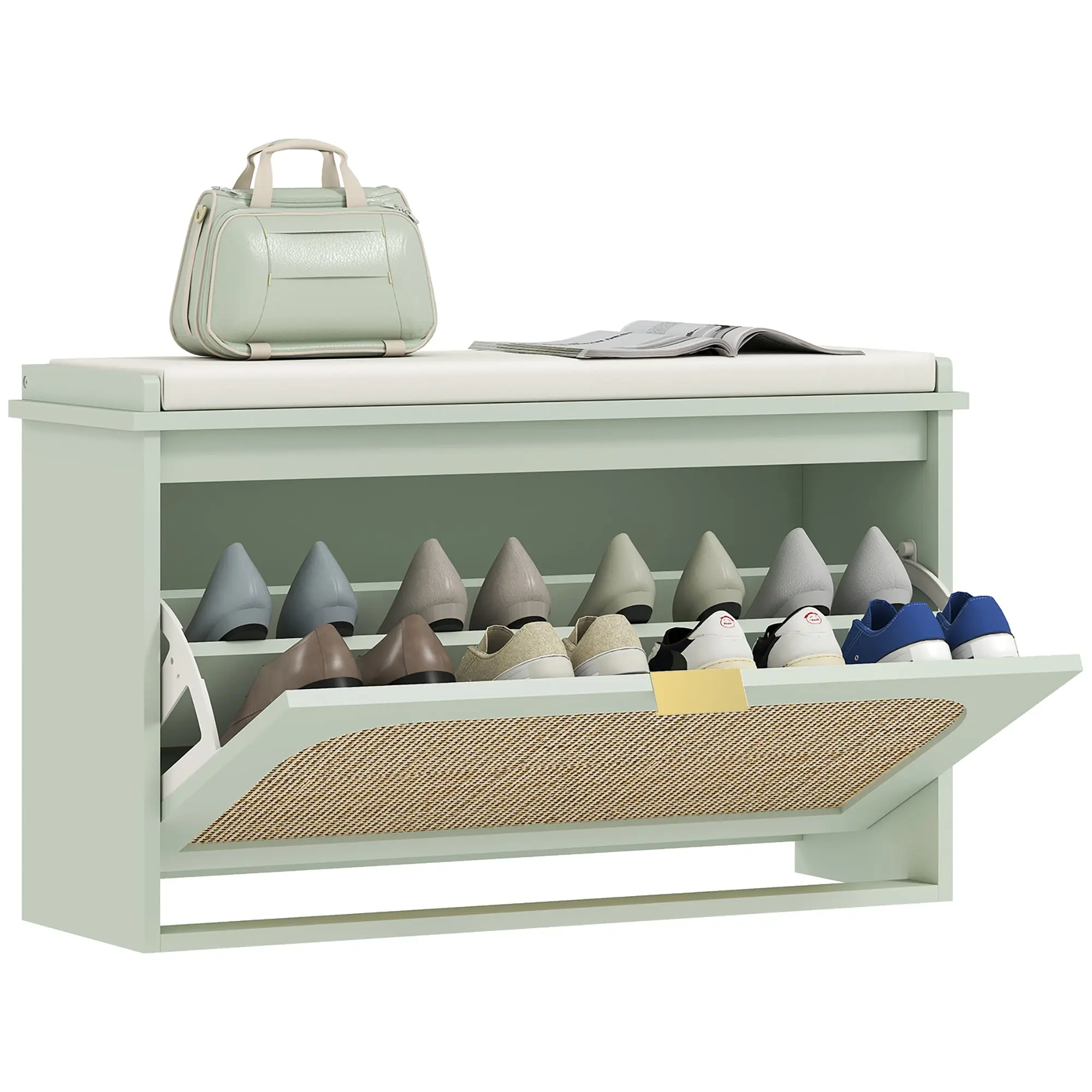 Shoe Bench for Entryway – Narrow Padded Seat with Rattan Door, Drop-Down Drawer & Adjustable Shelf, Boho Style, 31.5 x 10.2 x 18.7 in, Green