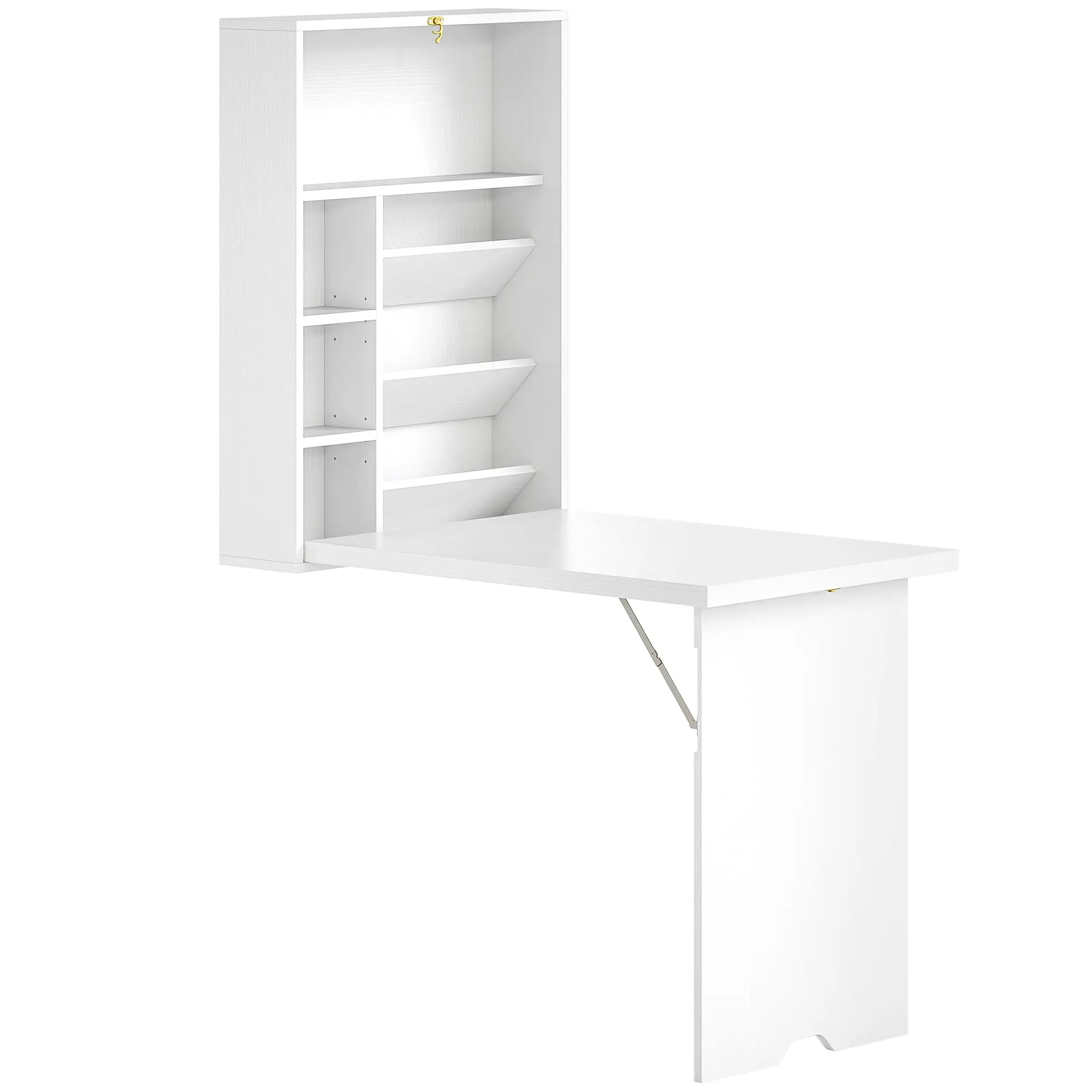 Wall-Mounted Folding Desk with Storage Shelves, Foldable Table, Space-Saving Solution for Living Room, Dining Room, Small Space, White