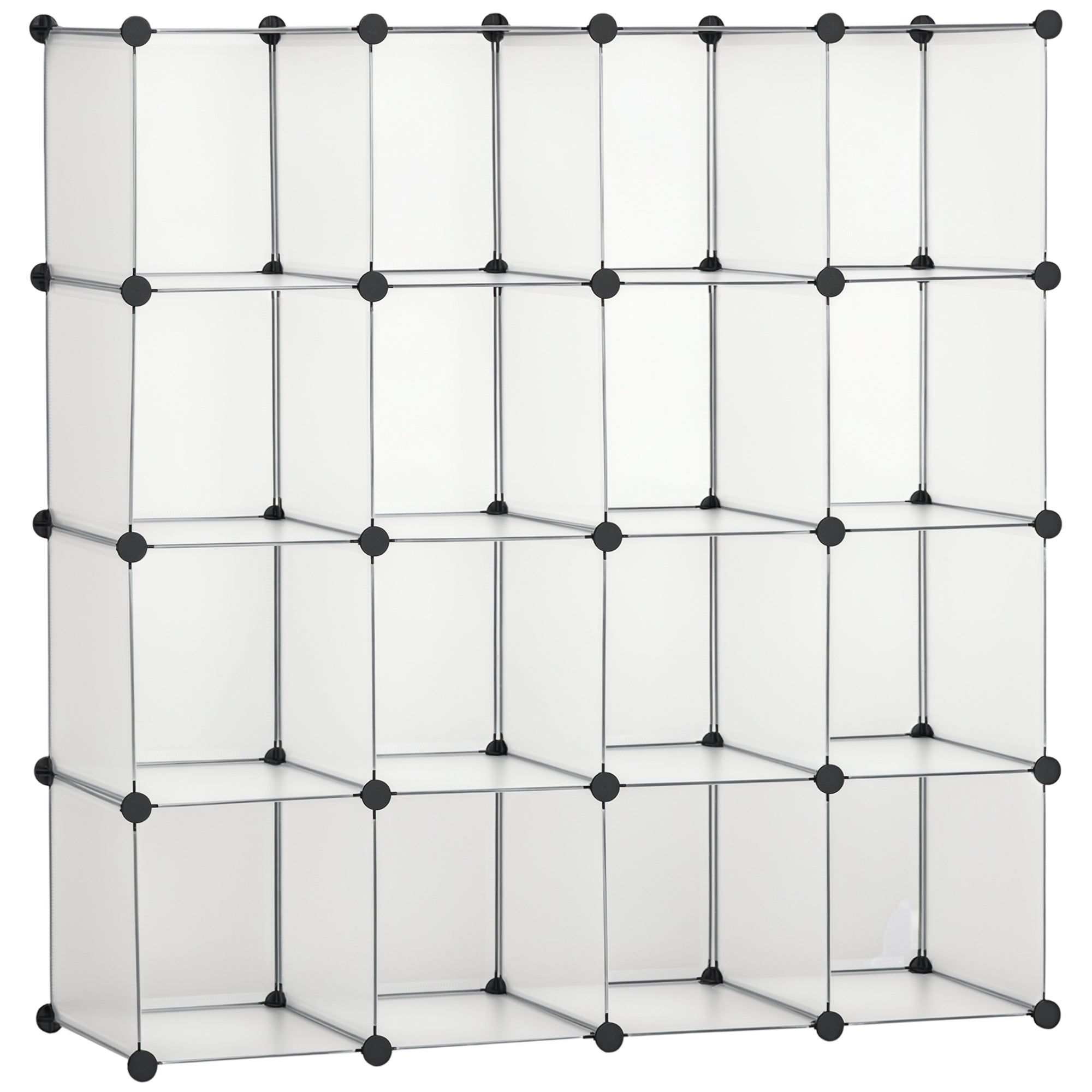 HOMCOM DIY moduláris polcrendszer 16 kockával, rakásolható DIY kockaszekrény, tárolószekrény, álló polc, cipőpolc műanyag acélból, Fehér, 125 x 32 x 125 cm