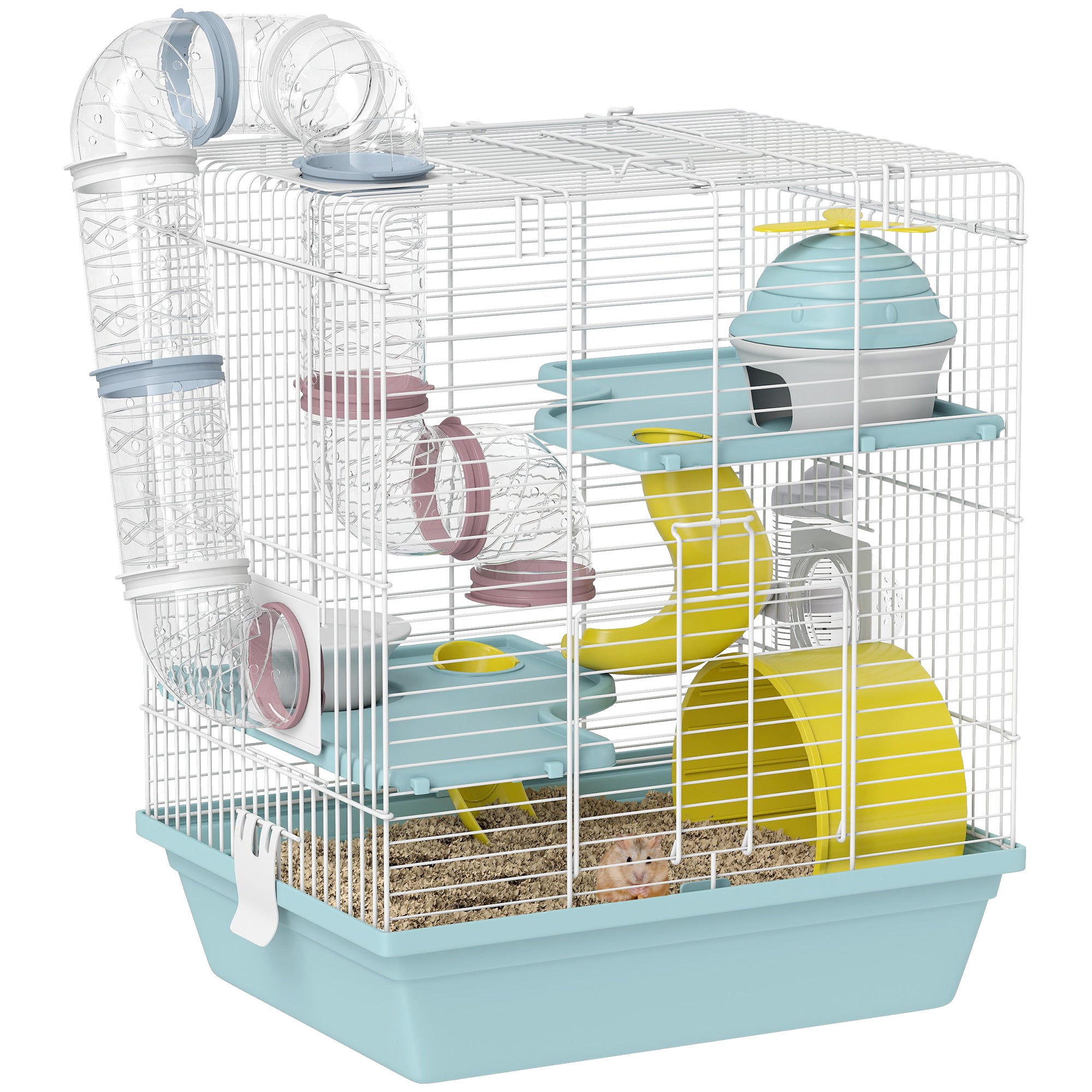 PawHut 3‑Etagen Hamsterkäfig mit Laufrad, Tunnelsystem, Versteck & Futterschale – für Zwerghamster & Rennmäuse, 34,5 x 27,5 x 41 cm, Blau