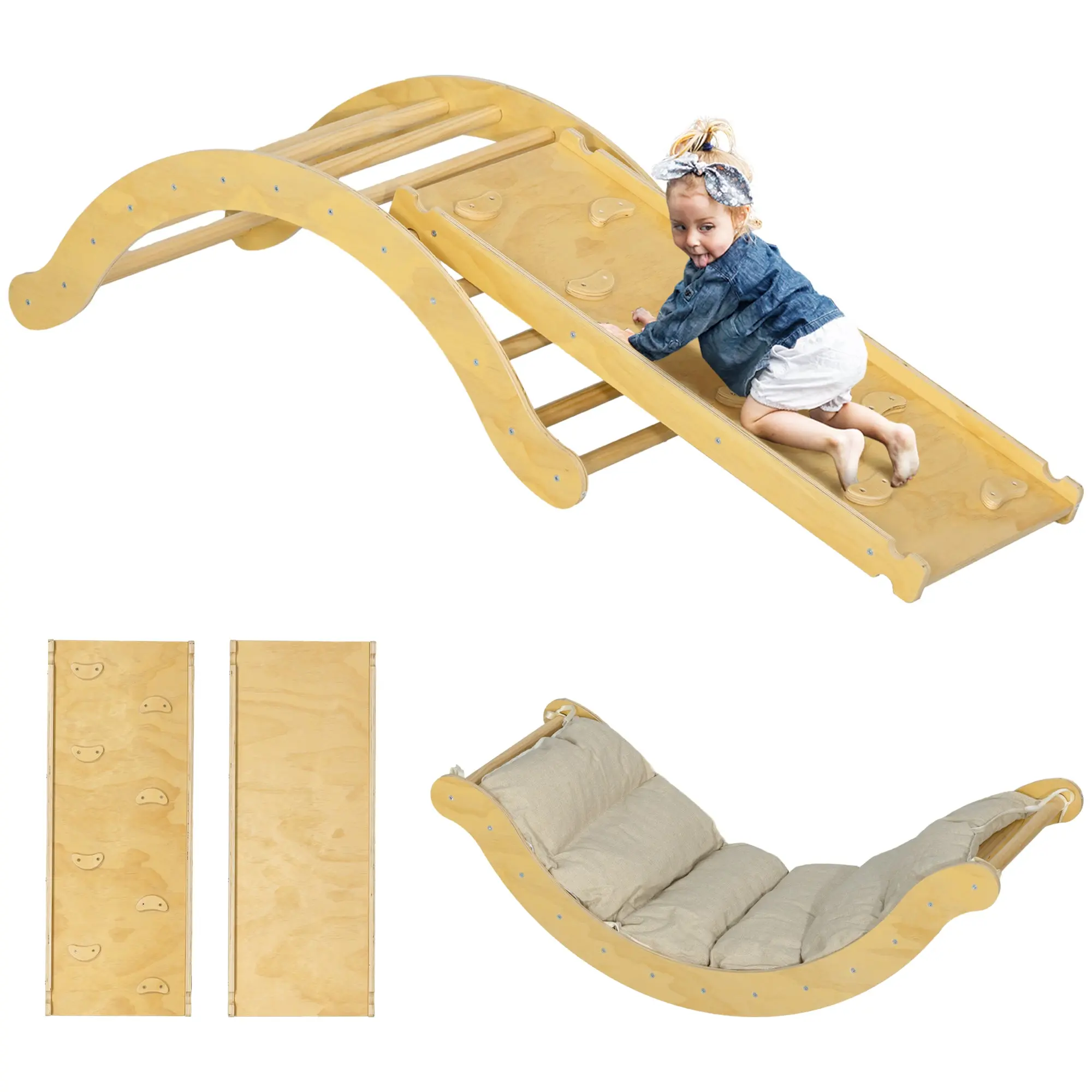 4 in 1 Climbing Frame Set with Slide, Climbing Triangle for Sliding and Climbing, Wooden Climbing Toy, for Children 1.5-4 Years, Indoor, Natural Wood