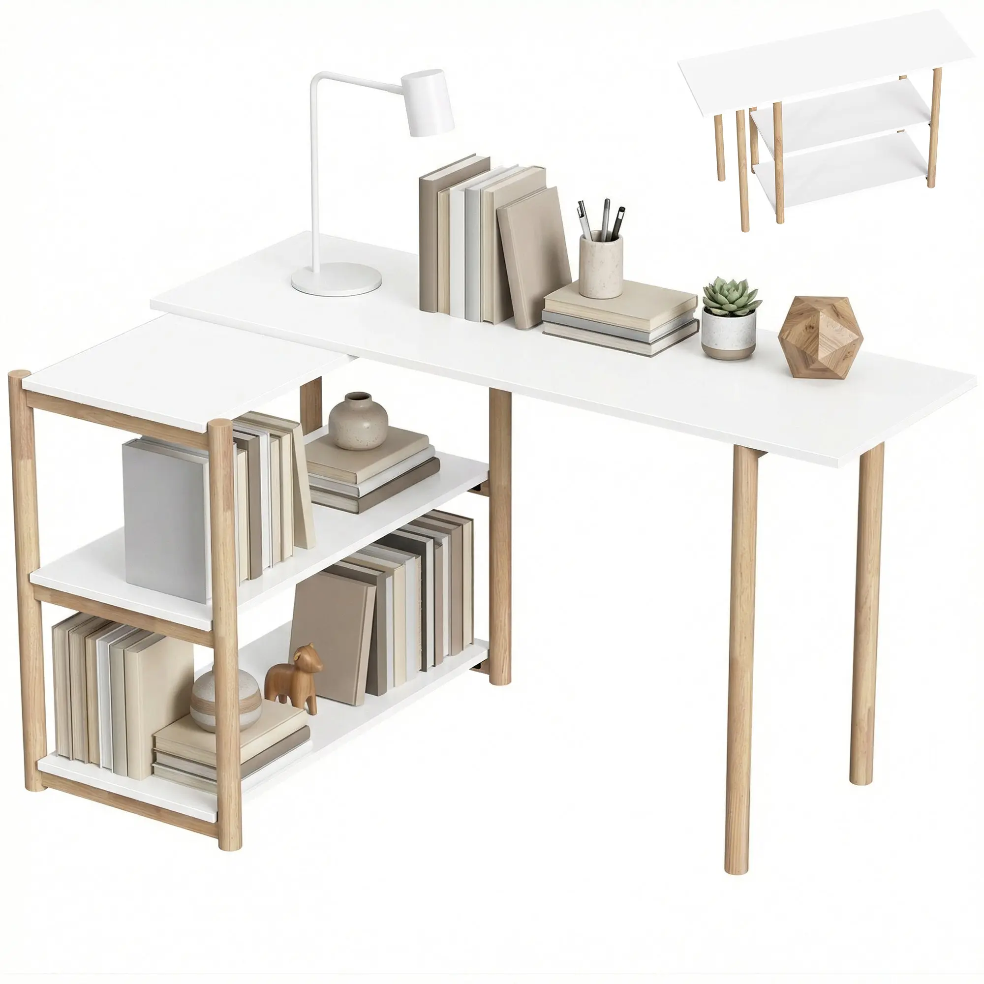 Foldable Desk — Modern Computer Desk with Storage Shelves & Bamboo Frame, Easy Assembly, Home Workstation for Bedroom, 58.3 x 15.7 x 26.8 in (148 x 40 x 68 cm), White & Oak