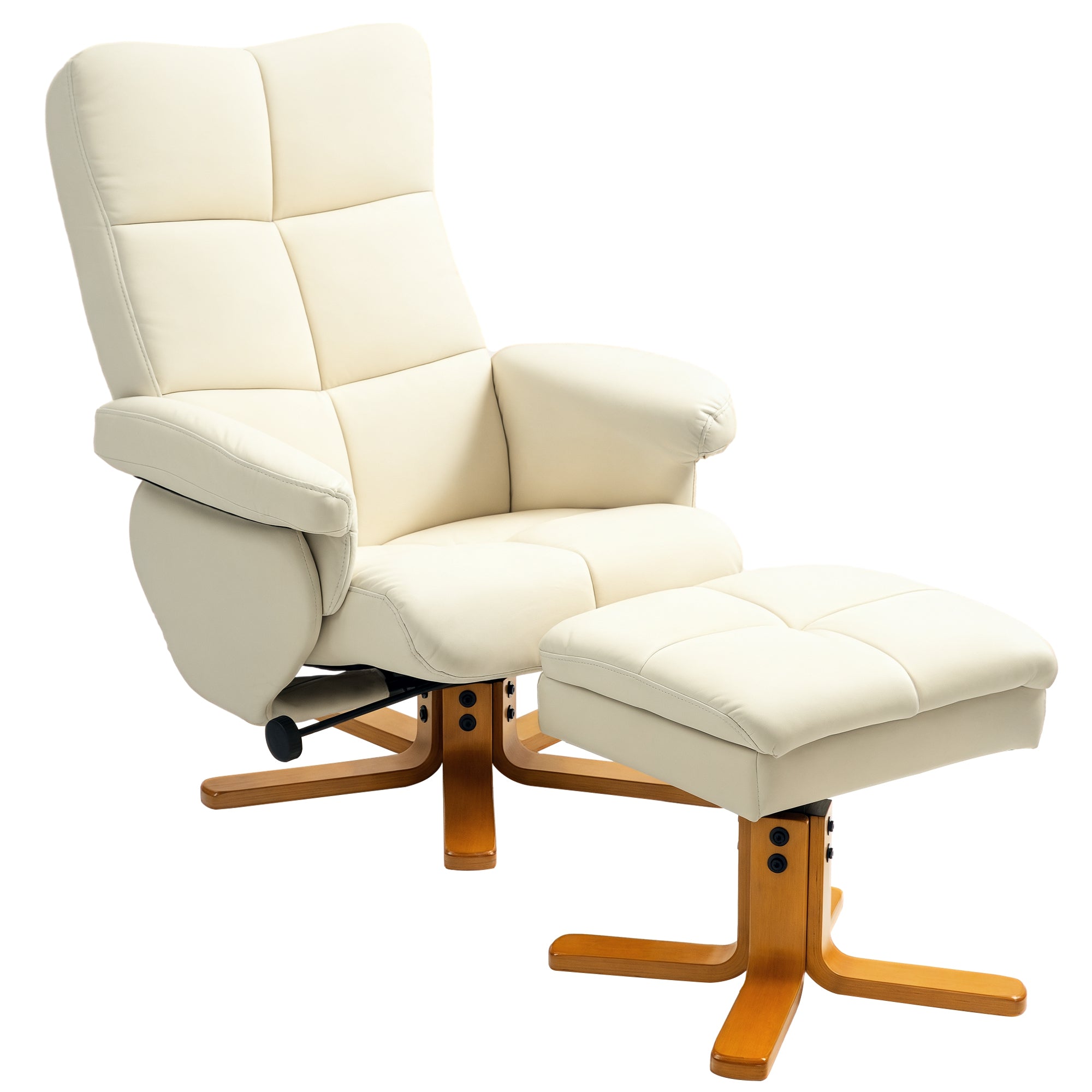 HOMCOM Recliner Armchair with Footstool Storage 145° Adjustable Backrest 360° Swivel TV Chair Faux Leather Padded Lounge Chair Cream White