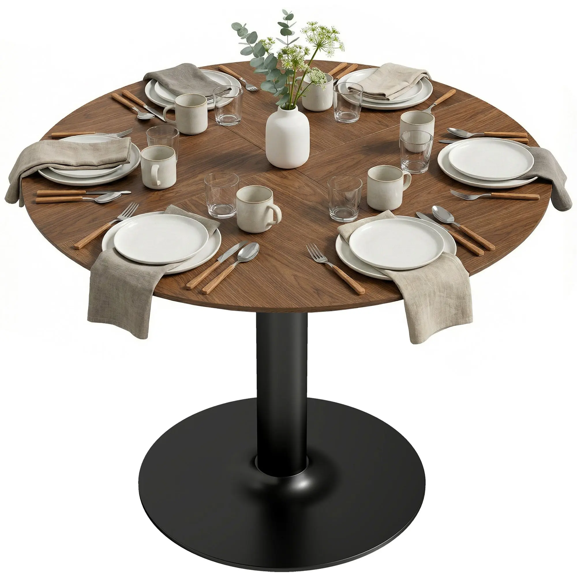 Round Dining Table for 6 — ? 110 x 78 cm (43.3" ? x 30.7" H), Large Top with Steel Base, Modern, Brown