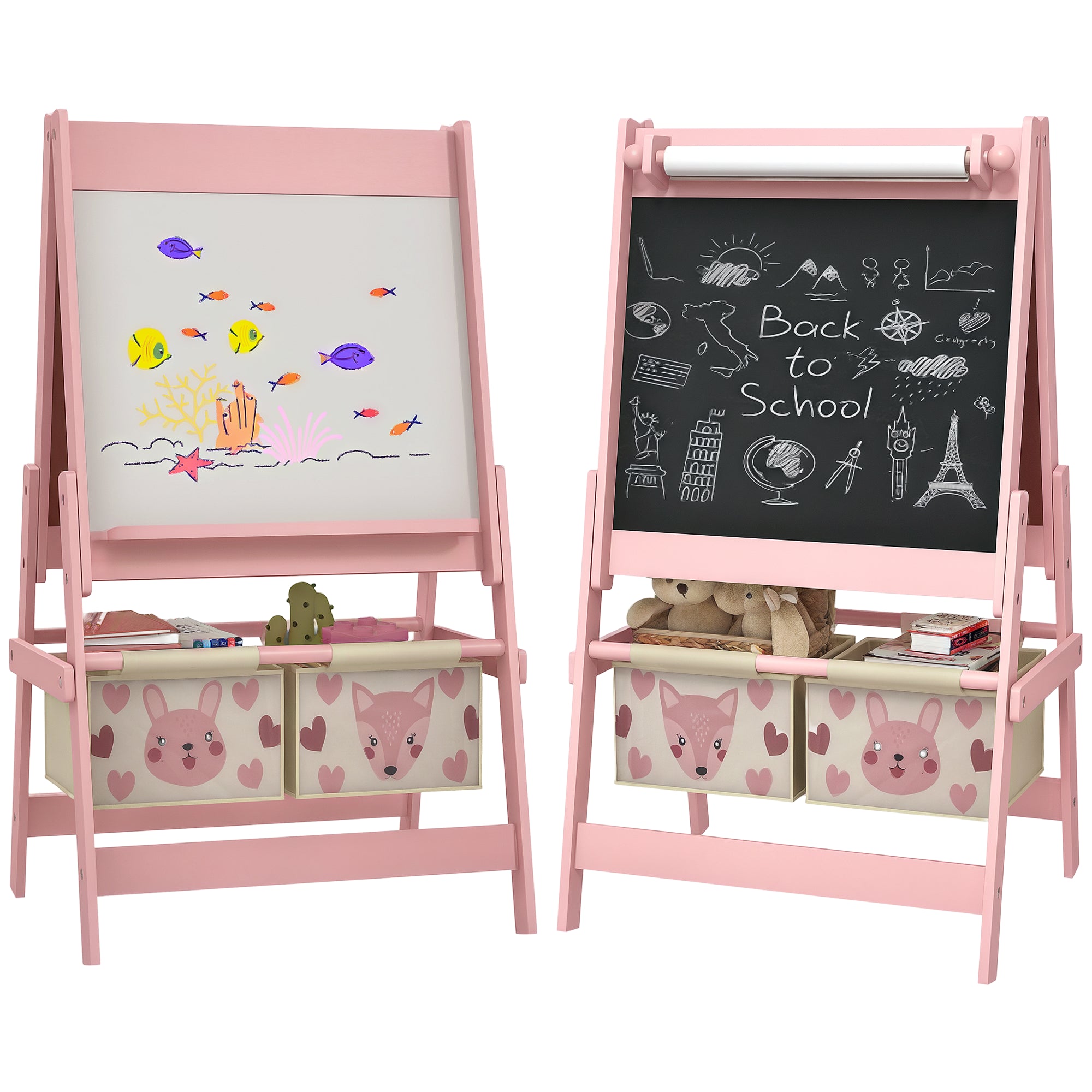Tableau Noir AIYAPLAY pour Enfants, Easel 3-en-1, Table de Jeu Enfants Double Face, Tableau Blanc & Noir, Support avec Rouleau de Papier, 2 Boîtes de Rangement, Autres Accessoires