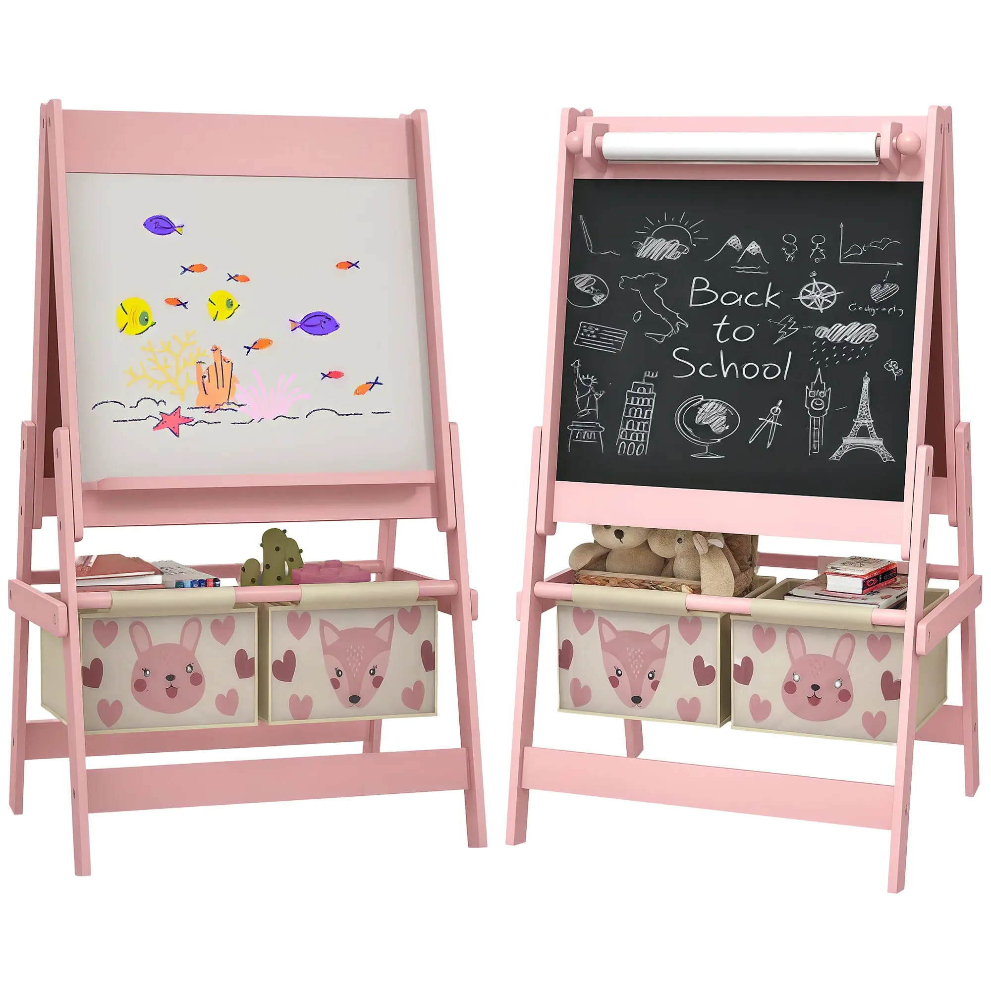 Children's Chalkboard, 3-in-1 Kids Easel, Double-Sided Kids Play Table, Whiteboard & Chalkboard, Stand with Paper Roll, 2 Storage Boxes, Other Accessories