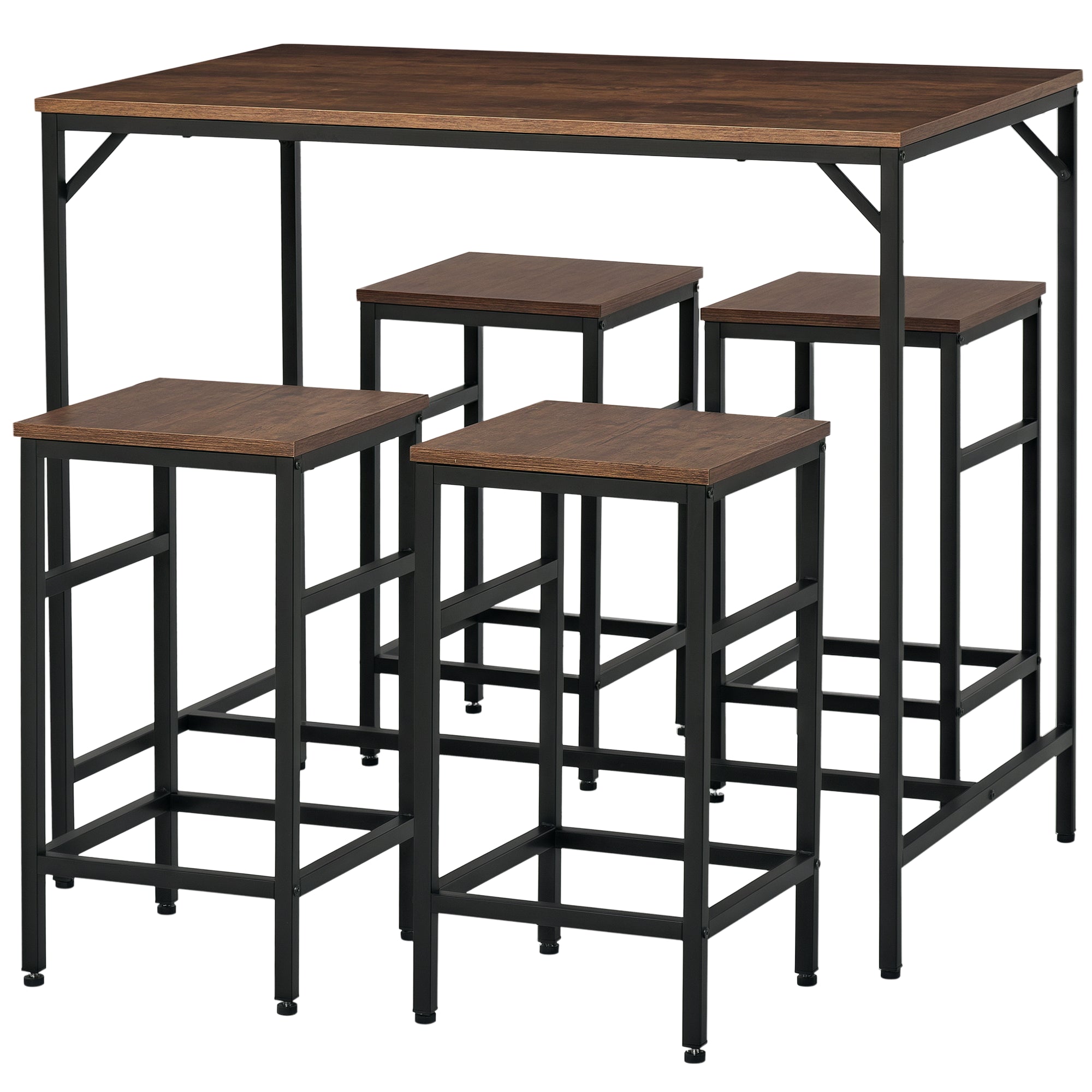 HOMCOM 5-teiliges Bar-Tisch-Set mit Barhockern – Esstisch mit 4 Stühlen für Esszimmer und Küche, Rustikal Braun+Schwarz