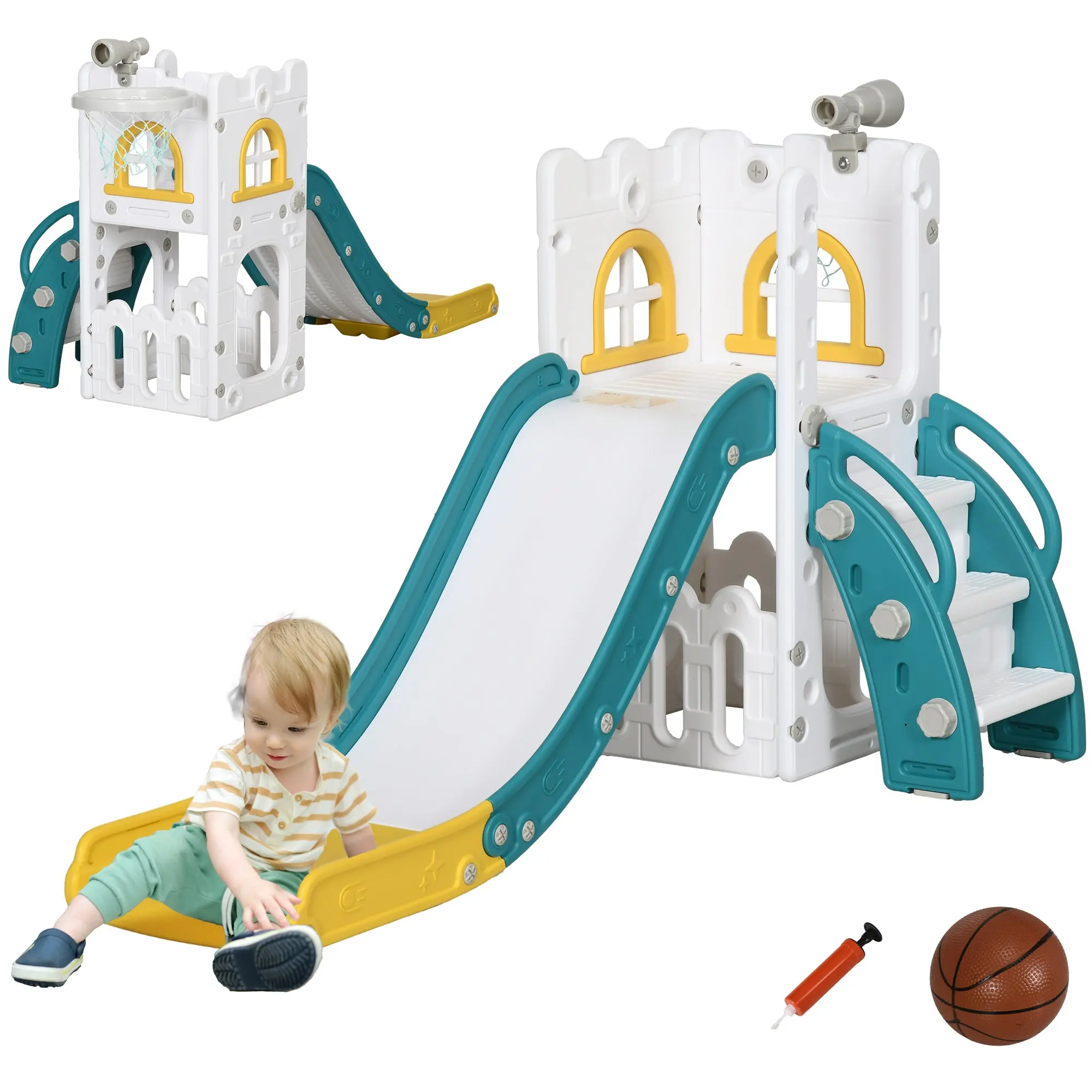 Children's Slide, 4 in 1, Toddler Slide with Basketball Hoop, Telescope Climbing Frame Slide with Basketball for Children 1-3 Years, Indoor, Yellow 70 x 177 x 92 cm