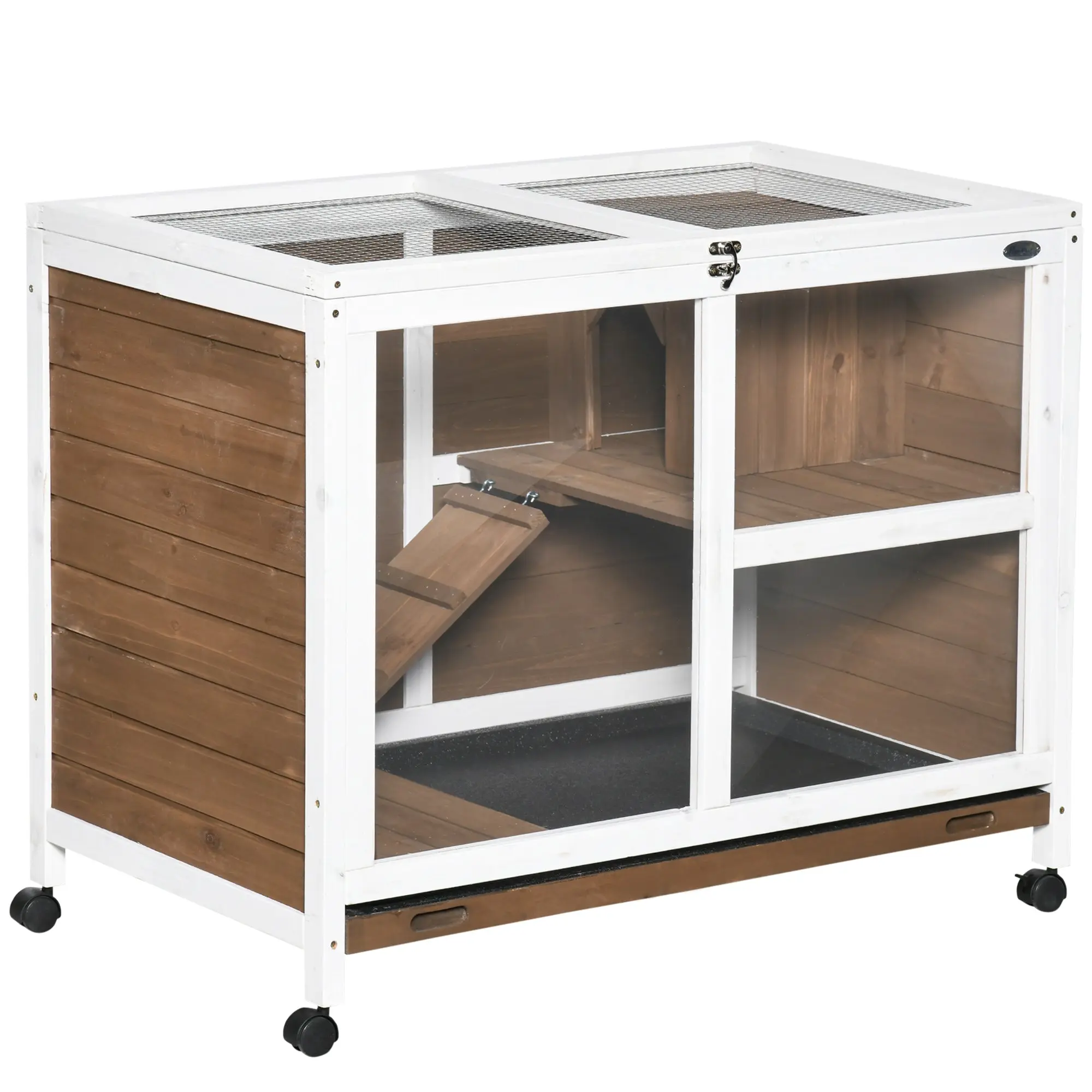 Rabbit Hutch with Wheels Wooden Bunny Cage Indoor Small Animal House 2 Tier Rabbit Cage with Ramp Removable Tray Open Top Roof for Rabbits Hamsters 91.5x53.3x73 cm