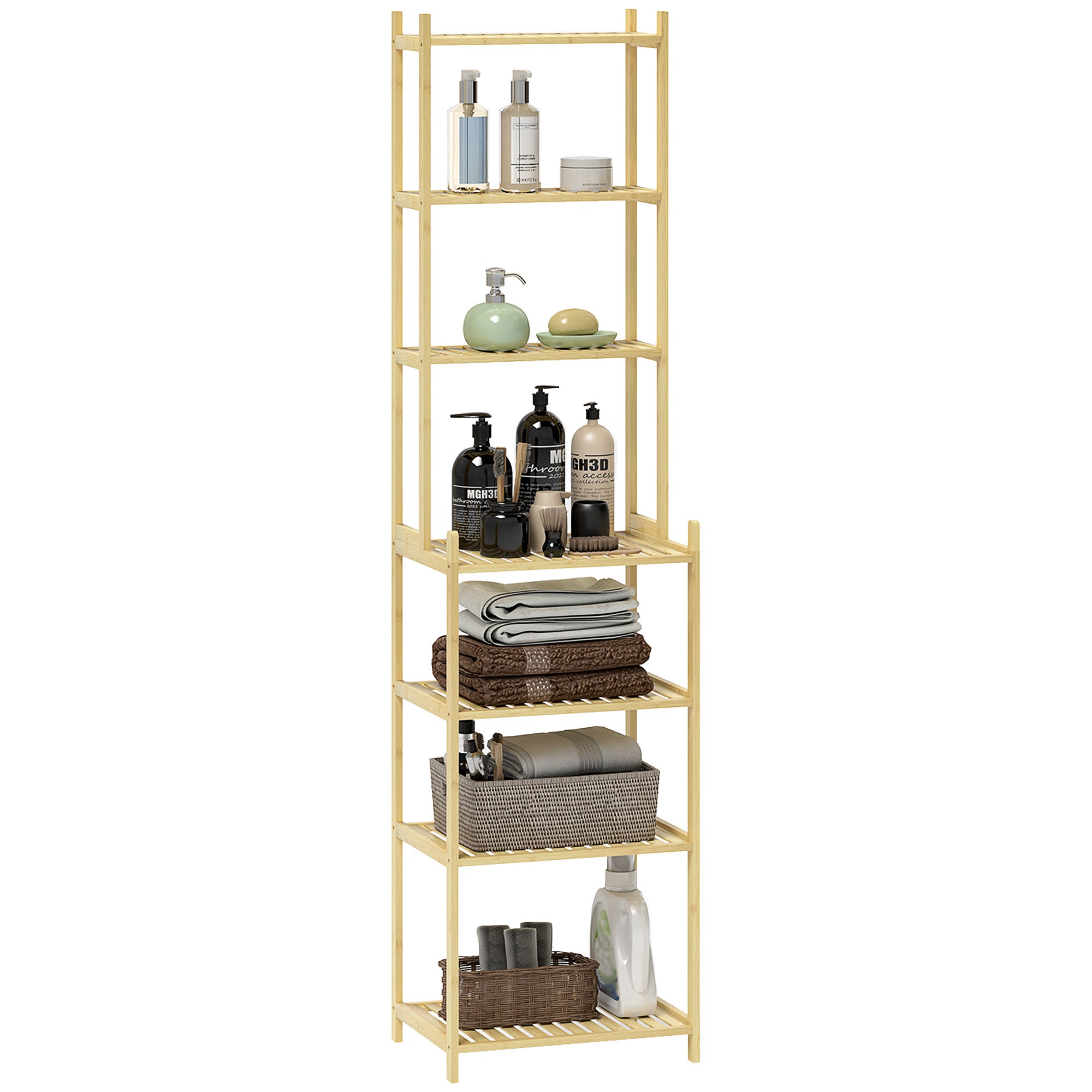 HOMCOM Bueddeshelf, 7-Tier Stehregal Lagerregal aus Bamboo fir d'Liewenszimmer an d'Buedzëmmer, Natur, 44 x 33 x 180 cm