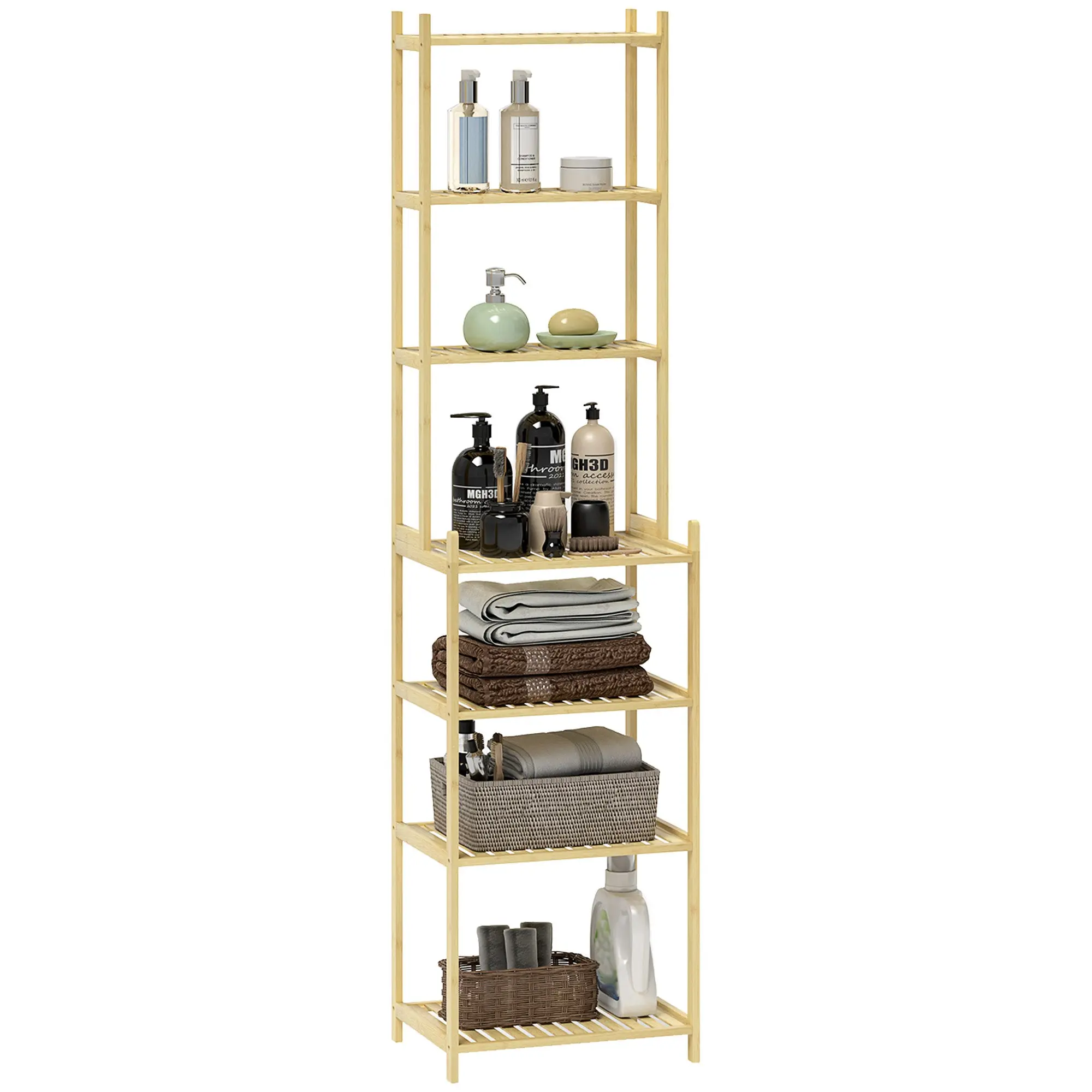 Bathroom Shelf, 7-Tier Standing Shelf Storage Rack made of Bamboo for Living room, Bathroom, Natural, 44 x 33 x 180 cm