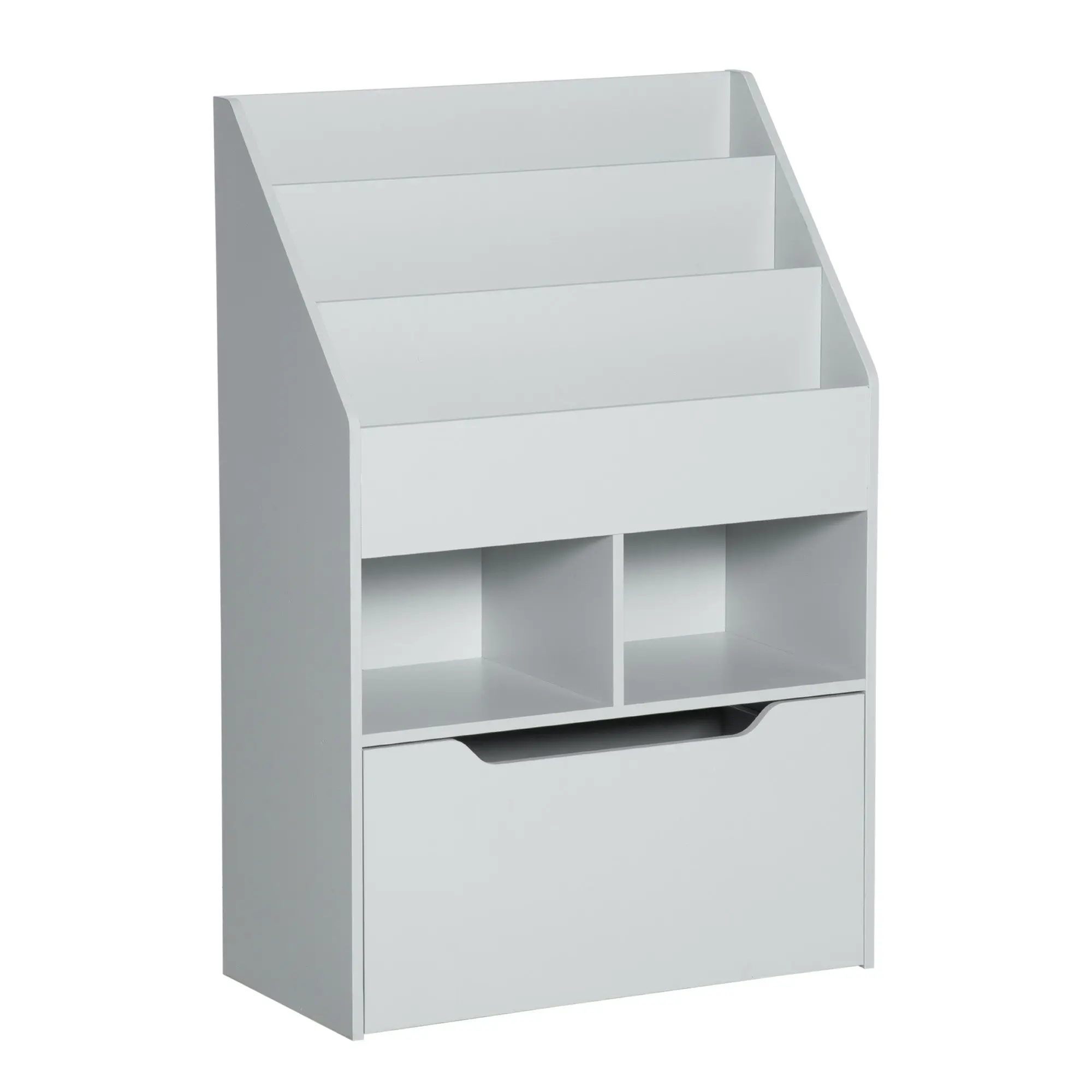Children's Wooden Shelf with 3 Compartments, 2 Cubes, and Mobile Drawer with 4 Wheels, Kids' Bookshelf for Children's Room Playroom, 60x29.9x90 cm Gray